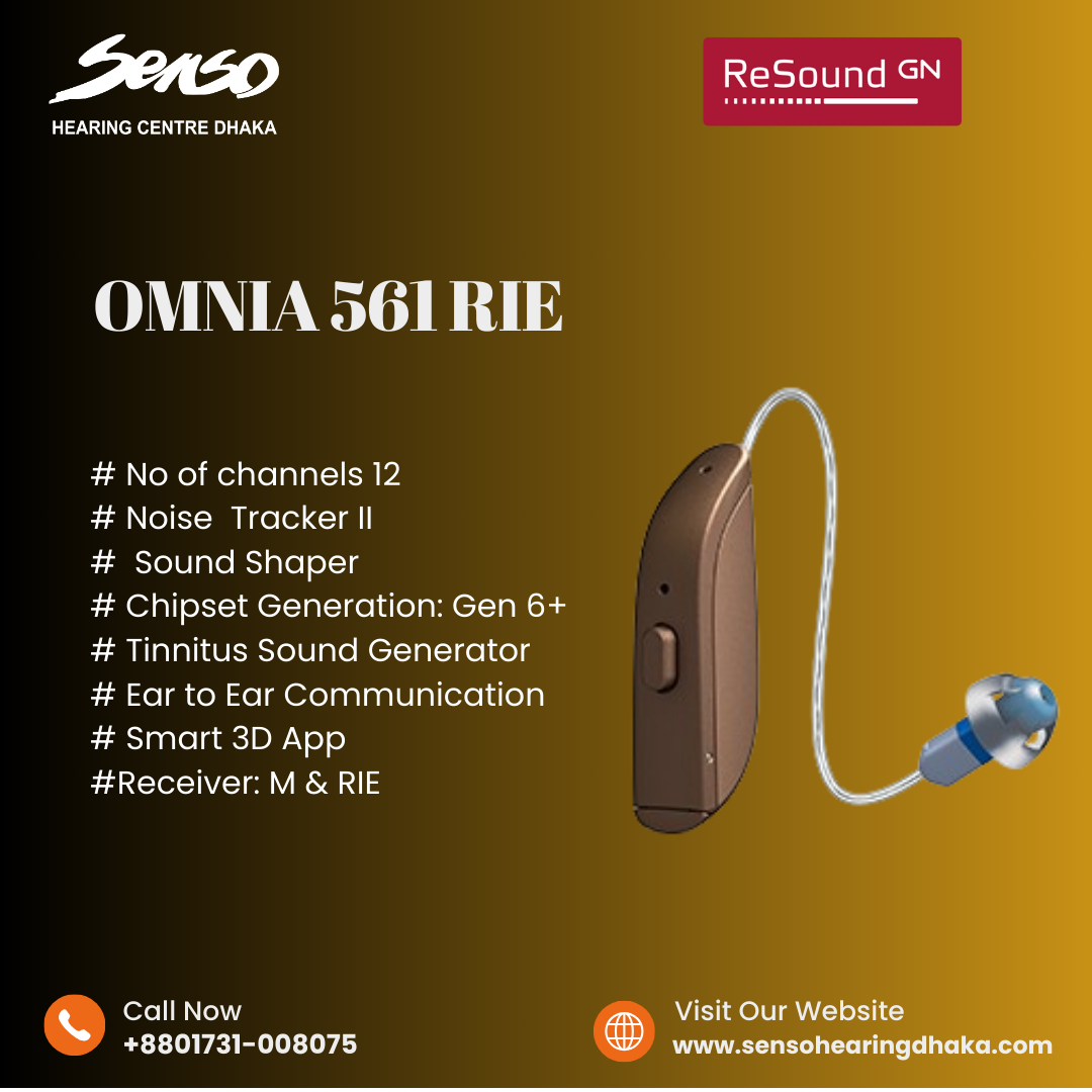 The ReSound Omnia 561 RIE (Receiver-in-Ear) hearing aid is part of the Omnia family, designed to offer high-quality sound and connectivity features for people with hearing loss. Here's an overview of its key features:
Key Features:
1. Sound Quality:
o All-Around Directionality: The Omnia 561 RIE is designed to provide clear and natural sound, even in challenging environments. It offers adaptive directionality, enhancing speech understanding in noisy situations.
o Ultra Focus: This mode helps you focus on conversations directly in front of you in particularly noisy environments by narrowing the directionality to a tighter beam.
o Spatial Awareness: It helps wearers maintain awareness of their surroundings while focusing on speech.
2. Connectivity:
o Bluetooth Compatibility: It supports direct streaming from iOS and Android devices, enabling users to stream music, calls, and other audio directly to the hearing aids.
o ReSound Smart 3D App: The hearing aid is compatible with the ReSound Smart 3D app, allowing users to personalize their listening experience, adjust settings remotely, and track their hearing aids if lost.
o Battery: Battery size 312 .
3. Comfort & Design:
o Receiver-in-Ear Style: The RIE design keeps the device discreet and comfortable, with the receiver placed in the ear canal for a more natural sound experience.
o Customizable Fit: Various dome sizes and receiver options allow for a tailored fit based on your hearing needs and comfort.
4. Other Features:
o Tinnitus Relief: The Omnia 561 has built-in tinnitus management tools that can help mask ringing or buzzing sounds with soothing sounds.
o Water and Dust Resistance: It comes with an IP68 rating, meaning it offers high protection against dust and water, providing more durability.
5. Technology Level:
o The Omnia 561 RIE is a mid-level option in the Omnia family, offering a balance between premium features and affordability.