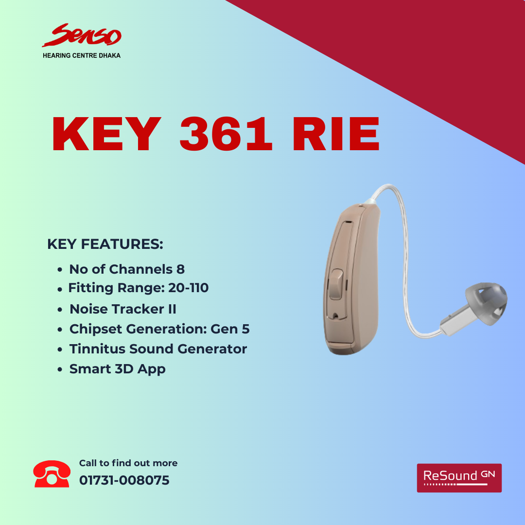 The ReSound Key 361 RIE (Receiver-in-Ear) hearing aid is a versatile and discreet model designed to deliver high-quality sound with advanced features tailored to a range of hearing needs. Below are the detailed features and content for this model.
Key Features of ReSound Key 361 RIE Hearing Aid

    Receiver-in-Ear Design:
        The RIE model places the receiver directly in the ear canal, allowing for a more natural sound quality and a discreet fit.
        Suitable for mild to severe hearing loss, providing flexibility and comfort with a sleek, behind-the-ear design.

    Clear and Natural Sound Quality:
        Offers advanced sound processing to deliver clear, natural sound, enhancing speech understanding in various listening environments.
        Ensures balanced sound by adapting automatically to different environments, whether quiet or noisy.

    Effective Noise Management:
        Equipped with noise reduction technology that actively minimizes background noise, making conversations easier to follow, especially in challenging settings.
        Designed to improve listening comfort and reduce listening effort.

    Feedback Suppression:
        Features advanced feedback management to prevent whistling or squealing, providing a more comfortable and uninterrupted hearing experience.

    Directional Microphones:
        Incorporates directional microphones that enhance speech understanding by focusing on sounds coming from the front while reducing noise from other directions.
        Helps users follow conversations more easily in noisy environments, such as crowded places or during group discussions.

    Wireless Connectivity:
        Supports wireless connectivity, allowing direct streaming of audio from Bluetooth®-enabled devices, such as smartphones and TVs.
        Compatible with ReSound’s range of wireless accessories, offering enhanced listening experiences and added convenience.

    
    Tinnitus Relief Features:
        Includes tinnitus management options, offering customizable sound therapy to help alleviate the symptoms of tinnitus.
        Can be personalized by a hearing care professional to suit the specific needs of the user.

    Smartphone App Compatibility:
        Works with the ReSound Smart 3D app, allowing users to adjust settings, change programs, and control the volume directly from their smartphones.
        The app includes additional features like geotagging, which automatically adjusts settings based on saved locations, and a "Find My Hearing Aid" feature.

    Durability and Moisture Resistance:
        Built to withstand daily wear, with protection against moisture, dust, and sweat, ensuring long-lasting performance and reliability.
        Ideal for users who lead active lifestyles and need a durable hearing solution.

Content Overview

    Audience: The ReSound Key 361 RIE is ideal for individuals with mild to severe hearing loss who are looking for a discreet, comfortable hearing aid with advanced sound quality. It’s especially suitable for users who prioritize natural sound and wireless connectivity.

    Usage Scenarios: Suitable for a variety of listening environments, including quiet home settings, social gatherings, and outdoor activities. The RIE design offers a discreet fit, making it a good choice for users who prefer an unobtrusive hearing aid.

    Additional Information: Available through licensed hearing care professionals who provide custom fitting, programming, and ongoing support. The hearing aid comes with a warranty and access to customer service for troubleshooting and adjustments as needed.

The ReSound Key 361 RIE is a well-rounded hearing aid that offers a combination of advanced features, durability, and user-friendly design, making it a great option for those seeking an enhanced hearing experience in a variety of settings.