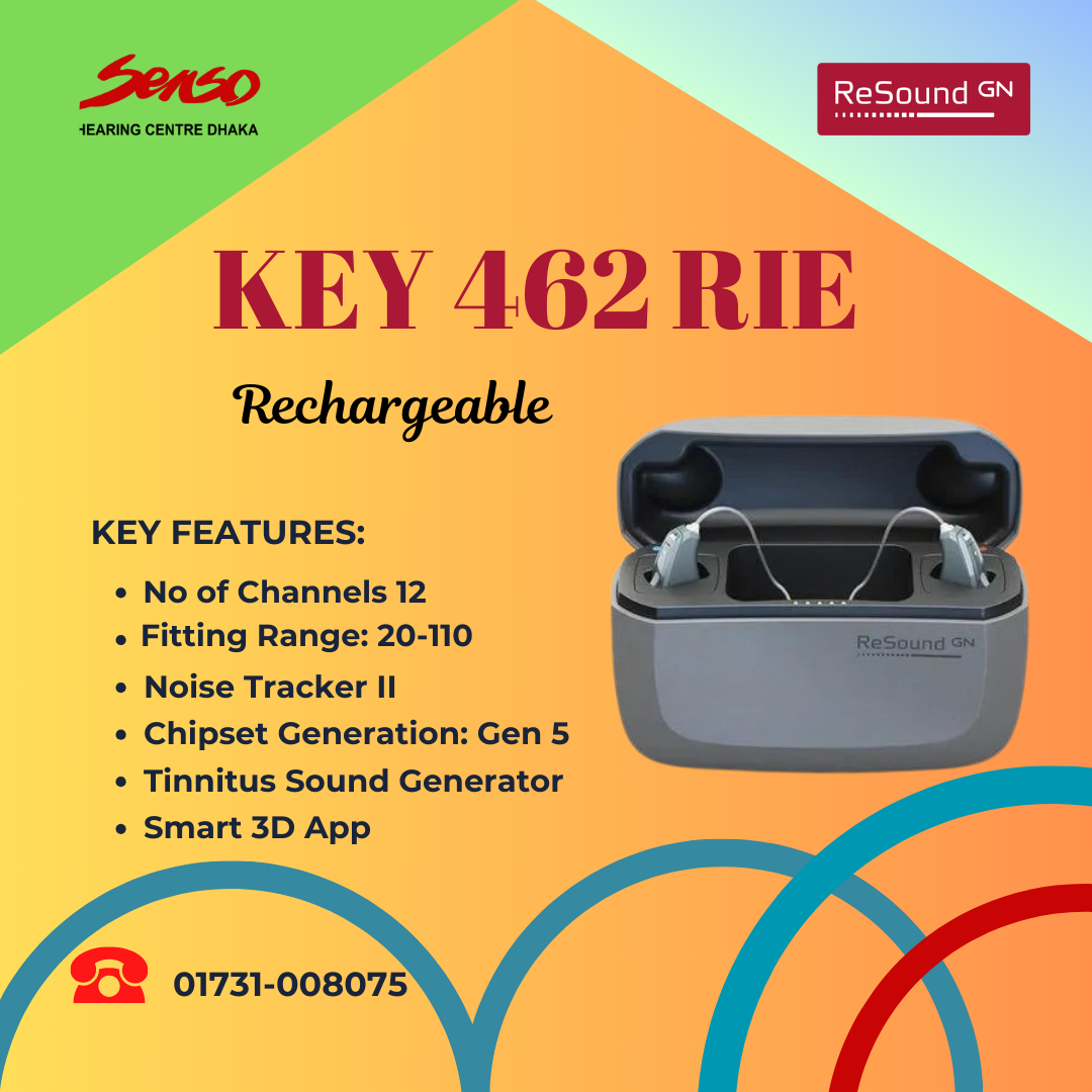 ReSound Key 462 RIE Rechargeable digital hearing aid. 
As the authorized distributor of ReSound hearing aids, we provide the most affordable pricing on hearing aids in Bangladesh. Before using any hearing aids, please come into our office. Please give us a call at +8801731-008075 for additional details.