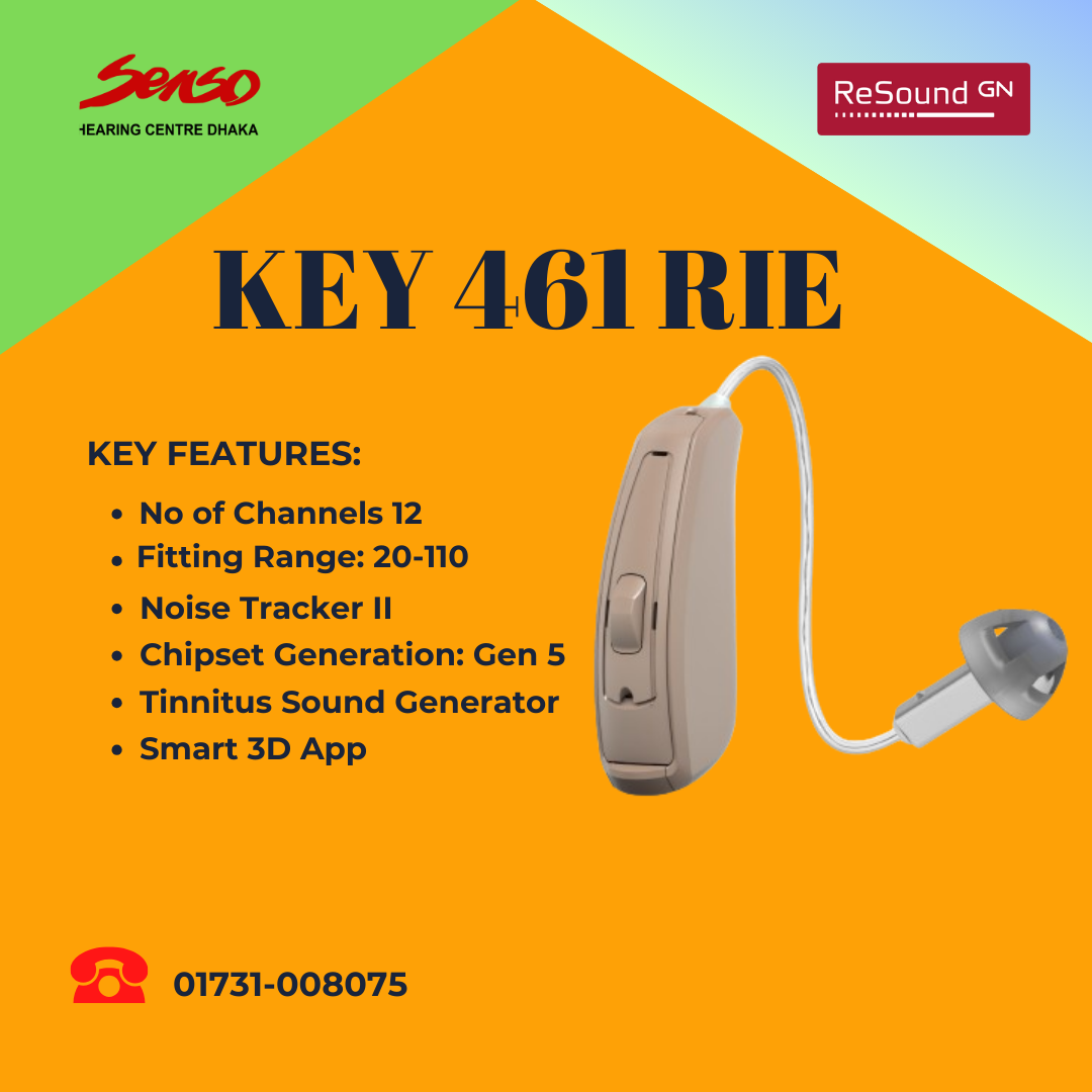 ReSound Key 461 RIE If you have hearing loss, fully join the ReSound Key 461 RIE hearing aid with clear sound quality. Knowing that you can talk and hear easily gives a welcome confidence boost. ReSound KEY 461 RIE (Receiver in the ear) is our essential product. For people with sloping hearing loss, this device can help you hear well. ReSound Key 461 RIE There are many obstacles in the way of life. Not being able to hear is a big problem. If you can't hear, you need a hearing aid. Resound has many hearing aids. ReSound Key 461 RIE is one of them. ReSound KEY 461 RIE Hearing aid is our essential product. People with mild to severe hearing loss can use the KEY 461 RIE hearing aid. RIE devices provide good coverage for high frequency or low frequency hearing loss. It has 12 channels. KEY 461 RIE Fitting Range is 20 dB - 110 dB. Resound KEY 461 is the RIE hearing aid. RIE means Receiver in Ear. Receiver-in-ear hearing aids (RIE hearing aids) are the most popular type of hearing aid. A hearing aid receiver acts as your ear's own speaker system. It plays the amplified sound from the microphone into your ear and your brain gives context to the sounds. It has 4 types of receiver which are LP (Low Power), MP (Minimum Power), HP (High Power), and UP (Ultra Power). Different types of hearing loss require different types of receivers. Resound KEY 461 RIE is digital hearing aid. Digital hearing aids consist of three components: a microphone that picks up sound, an amplifier that amplifies the sound, a receiver that sends amplified sound into the ear. Patients benefit from multiple features that utilize binaural hearing and natural sound quality. Features for Resound KEY 461 RIE hearing aid is New Platform Chip, Natural Directionality II, Noise Tracker II, Soft Switching, Wind Guard (Basic), Tinnitus Sound Generator, Smart 3D App, Unraveled Full Spectrum Of Streaming, Multiscope Adaptive Directionality, Impulse Noise Reduction, DFS Ultra II With Music Mode, Ear to Ear Communication and Connect to Unit Wireless accessories. Tinnitus hearing aids- Our hearing devices with built-in tinnitus therapy can help you easily and discreetly manage your tinnitus symptoms. Bluetooth hearing aids- Bluetooth connectivity allows you to connect your hearing aids with other devices, such as our wireless accessories and your smartphone. Whatever you want to hear, you can stream from it directly to your iPhone, iPad, iPod or Android compatible smartphone your ReSound Key 461 hearing aids, discreetly and effortlessly. This device is battery operated. Resound KEY 461 is a good essential and budget friendly product. ReSound hearing aids let you focus on what you want to hear. This could mean understanding a conversation in a noisy restaurant, focusing on a speaker in a large meeting room, or being able to hear your family and friends calling your name. Hearing aids today have become so small and discreet and barely noticeable in the ear.
