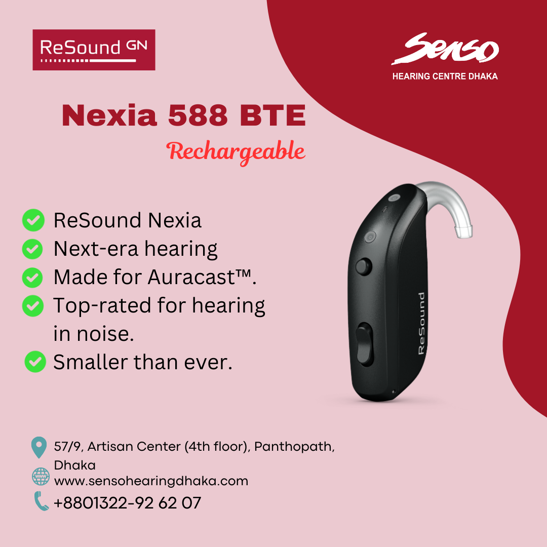 ReSound Nexia 588 BTE Rechargeable Digital Hearing Aid
Rediscover the World in Clear, Natural Sound with ReSound Nexia 588
The ReSound Nexia 588 BTE Rechargeable Digital Hearing Aid is engineered to provide superior sound quality, comfort, and convenience. Designed for those who prefer a Behind-the-Ear (BTE) style, this hearing aid integrates advanced sound processing technology with a rechargeable lithium-ion battery, ensuring an all-day hearing experience without the need to replace batteries. Whether you’re enjoying a quiet moment at home or engaging in lively conversations, the Nexia 588 BTE ensures that every moment is heard with clarity.
________________________________________
Key Features
1. Rechargeable Lithium-Ion Battery
Say goodbye to traditional disposable batteries and enjoy the convenience of rechargeability. The ReSound Nexia 588 BTE features a high-capacity lithium-ion rechargeable battery, providing up to 30 hours of use on a full charge. It charges quickly in just 3 hours, and a 30-minute charge gives you up to 8 hours of listening time, ensuring that your hearing aids are always ready when you need them.
2. Superior Sound Quality
The ReSound Nexia 588 BTE is built with advanced sound processing technology to deliver crystal-clear, natural sound. Thanks to 360-degree microphones, your hearing aids automatically adjust to enhance speech clarity, even in challenging environments. Whether you're in a bustling café or a quiet room, the Nexia 588 BTE ensures that your hearing experience is always crisp and comfortable.
3. Personalized Sound Experience
Customizing your hearing experience has never been easier. With the ReSound Smart app, you can adjust the volume, switch between programs, and even fine-tune the sound settings to match your environment. Additionally, your hearing care professional can provide remote adjustments to optimize your hearing experience without needing to visit the clinic.
4. Seamless Bluetooth Connectivity
Stream audio from smartphones, tablets, and TVs directly to your hearing aids with Bluetooth Low Energy (BLE) technology. Enjoy hands-free phone calls, music, podcasts, and videos directly in your ears for an immersive experience. The Nexia 588 BTE ensures that you can stay connected to the world around you while enjoying high-quality sound streaming.
5. Advanced Noise Reduction and Speech Clarity
The Nexia 588 BTE utilizes smart noise reduction algorithms to filter out background noise and focus on speech. Whether you're in a crowded restaurant or a busy street, the hearing aid adapts automatically to reduce distracting noises and enhance the clarity of conversations, giving you a more natural listening experience.
6. Comfort and Discreet Design
The ReSound Nexia 588 BTE is designed to be comfortable and discreet. The BTE style sits comfortably behind the ear, with a flexible ear hook and receiver that fits securely and comfortably in the ear canal. The lightweight design ensures all-day wearability without discomfort, making it perfect for users looking for a reliable and unobtrusive hearing aid.
7. Water-Resistant and Durable
With an IP68 rating, the Nexia 588 BTE is water, dust, and sweat-resistant, making it ideal for active individuals. Whether you're going for a run, caught in the rain, or exercising at the gym, your hearing aids are built to withstand the elements and keep working.
________________________________________
Why Choose ReSound Nexia 588 BTE?
•	Rechargeable Convenience – Enjoy up to 30 hours of use on a full charge, with fast charging in just 3 hours.
•	Exceptional Sound Clarity – Advanced sound processing technology ensures clear and natural hearing in all environments.
•	Personalized Hearing – Adjust volume, programs, and fine-tune settings easily with the ReSound Smart app.
•	Seamless Bluetooth Streaming – Stream calls, music, and media directly from your devices to your hearing aids.
•	Discreet and Comfortable – A behind-the-ear design for comfort and discretion.
•	Durable and Water-Resistant – IP68 rating ensures the hearing aids withstand moisture, dust, and sweat.
________________________________________
Product Specifications
•	Model: ReSound Nexia 588 BTE
•	Battery Type: Rechargeable Lithium-Ion
•	Battery Life: Up to 30 hours on a full charge
•	Charging Time: 3 hours for a full charge; 30 minutes for up to 8 hours of use
•	Water Resistance: IP68-rated for sweat, dust, and water resistance
•	Connectivity: Bluetooth Low Energy (BLE) for streaming audio from smartphones, TV, and other devices
•	Sound Technology: 360-degree microphones, Speech Clarity, Noise Reduction, Smart Gain
•	Microphone Type: Directional microphones for clear speech in noisy environments
•	Design: Behind-the-Ear (BTE) with comfortable and discreet ear hook and receiver
________________________________________
How It Works
1.	Charging Your Hearing Aids
Simply place your ReSound Nexia 588 BTE hearing aids in the charging case each night. They’ll be fully charged in just 3 hours, providing up to 30 hours of use. If you need a quick boost, 30 minutes of charging will give you 8 hours of listening.
2.	Personalize Your Experience with the Smart App
Use the ReSound Smart app to adjust the volume, switch between programs, and fine-tune sound settings for specific environments. Remote adjustments by your hearing care professional can further optimize your experience without needing to visit the clinic.
3.	Stream Audio Seamlessly
The ReSound Nexia 588 BTE lets you stream audio directly from your Bluetooth-enabled devices. Whether it's music, phone calls, or media, enjoy high-quality audio directly in your hearing aids.
________________________________________
Customer Reviews
"Great Sound Quality – I love my new ReSound Nexia 588 hearing aids! The sound is natural, and I can hear conversations even in noisy places. The rechargeable feature is fantastic – no more tiny batteries to replace!"
— Anna P.
"Convenient and Comfortable – The Nexia 588 BTE fits comfortably behind my ear, and I love how easy it is to adjust everything through the app. The Bluetooth streaming works great, and I can easily take calls through my hearing aids!"
— John D.
________________________________________
Frequently Asked Questions
1. How long does the battery last on a full charge?
The ReSound Nexia 588 BTE lasts up to 30 hours on a full charge, providing all-day use without the need to recharge.
2. Can I connect my hearing aids to my phone or TV?
Yes! With Bluetooth connectivity, you can easily stream audio from your smartphone, tablet, or TV directly to your hearing aids for hands-free calls, music, and media.
3. How do I adjust the settings on my hearing aids?
You can adjust the settings using the ReSound Smart app, which lets you change volume, hearing programs, and fine-tune the sound. Your hearing care professional can also make remote adjustments for optimal performance.
4. Are the ReSound Nexia 588 BTE hearing aids water-resistant?
Yes, the ReSound Nexia 588 BTE has an IP68 rating, making it resistant to water, dust, and sweat, ensuring durability during physical activities or in challenging environments.
________________________________________
Get Started with ReSound Nexia 588 BTE
Discover the perfect balance of convenience, comfort, and sound quality with the ReSound Nexia 588 BTE Rechargeable Digital Hearing Aid. Contact us today to schedule a consultation or to learn more about how these advanced hearing aids can enhance your hearing experience.
________________________________________
Contact Us
For more details, to book a hearing test, or to inquire about the ReSound Nexia 588 BTE, please contact us:
•	Mobile: +880 1322-92 62 07
•	Email: helalaudiology@gmail.com
•	Location: 57/9, Artisan Center (4th Floor), Panthapath, Dhaka-1205