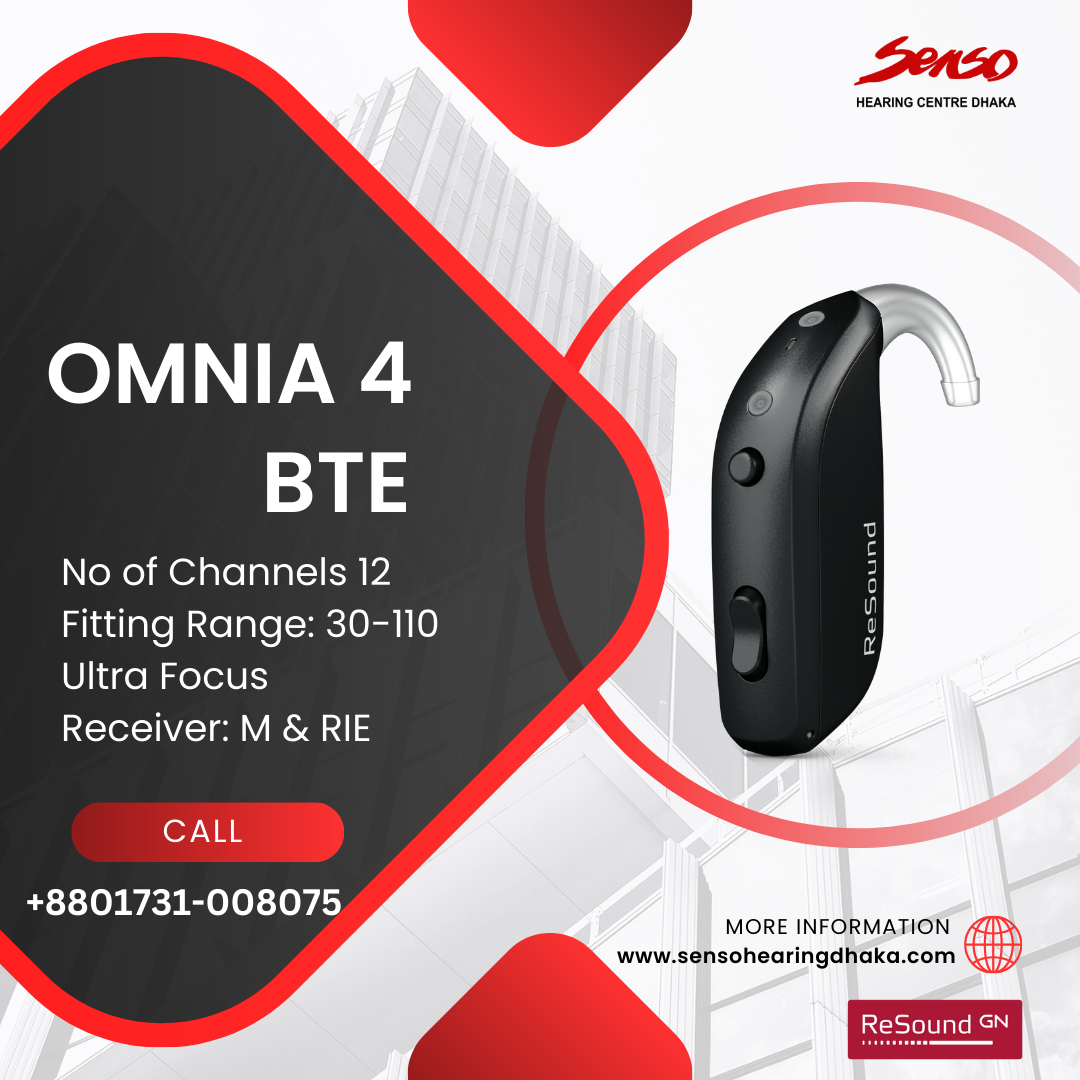The ReSound Omnia 4 BTE Rechargeable hearing aid offers an entry-level option within the Omnia family with rechargeable technology, designed for users with mild to severe hearing loss. Although it sits at the more affordable end of the spectrum, it still provides essential features combined with the convenience of rechargeable batteries.
Key Features:
1.	Sound Processing:
o	Basic Directionality: Focuses on sounds in front of the user, offering essential sound clarity and noise reduction in simple listening environments.
o	Environmental Optimization I: Automatically adjusts sound levels depending on the user's surroundings, but with more limited customization compared to advanced models.
2.	Rechargeable Battery:
o	Lithium-Ion Rechargeable Battery: Provides the convenience of all-day use on a single charge, eliminating the need for disposable batteries.
o	Charging Case: The hearing aid comes with a charging case, which allows users to fully charge their devices overnight or give them a quick boost during the day if needed.
3.	Connectivity:
o	Bluetooth Streaming: Direct streaming capabilities from iOS and Android devices for phone calls, music, and other audio.
o	ReSound Smart 3D App: Users can adjust settings, volume, and programs via the app, offering personalized hearing management.
o	Telecoil: Built-in telecoil for hearing in looped environments such as theaters, meeting rooms, and places of worship.
4.	Binaural Coordination:
o	Basic coordination between left and right hearing aids allows synchronized volume adjustments and program changes for a seamless listening experience.
5.	Tinnitus Sound Generator:
o	Built-in tinnitus relief features that provide masking sounds to help alleviate tinnitus symptoms, although these are more basic compared to advanced models.
6.	Durability:
o	IP68 Rating: Water-resistant and dustproof, ensuring it can handle exposure to various elements without damage.
Fitting Range:
•	Suitable for mild to severe hearing loss, with broad amplification to suit various needs.
Customization:
•	Multiple Listening Programs: Users can store different hearing programs tailored to specific environments, though this model offers simpler customization options compared to higher-end models.
•	Basic Noise Reduction and Wind Noise Management: Reduces background noise and wind interference, offering clearer sound outdoors or in moderately noisy places.
Battery Performance:
•	The rechargeable battery provides a full day of use on a single charge (up to 30 hours without streaming and around 24 hours with streaming). Charging time for a full charge is typically around 3 hours.
Accessories:
•	Compatible with accessories like the ReSound TV Streamer 2 and ReSound Remote Control, which can enhance sound for television watching or offer more convenient hearing aid control.
Conclusion:
The ReSound Omnia 4 BTE Rechargeable is a solid choice for users who want basic but reliable sound quality with the added convenience of rechargeable batteries. It includes key features like Bluetooth streaming, a tinnitus sound generator, and basic directional sound, all packed into a durable, water-resistant design. While it doesn't offer the advanced sound processing found in higher-tier models, it remains a good entry-level choice for those seeking ease of use and essential functionality in their hearing aids.

We offer best hearing aid price in Bangladesh.