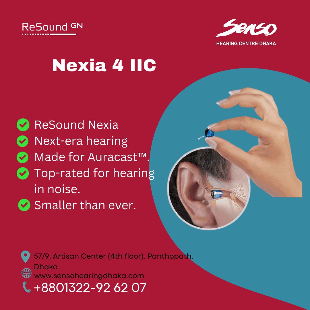 ReSound Nexia 4 IIC hearing aid is an invisible-in-canal model featuring 12 sound channels, non-rechargeable (disposable battery) power, and direct streaming capabilities. Key features include Bluetooth Low Energy Audio and Auracast compatibility, advanced noise reduction technology, and the ReSound Smart 3D app for personalized control and support.