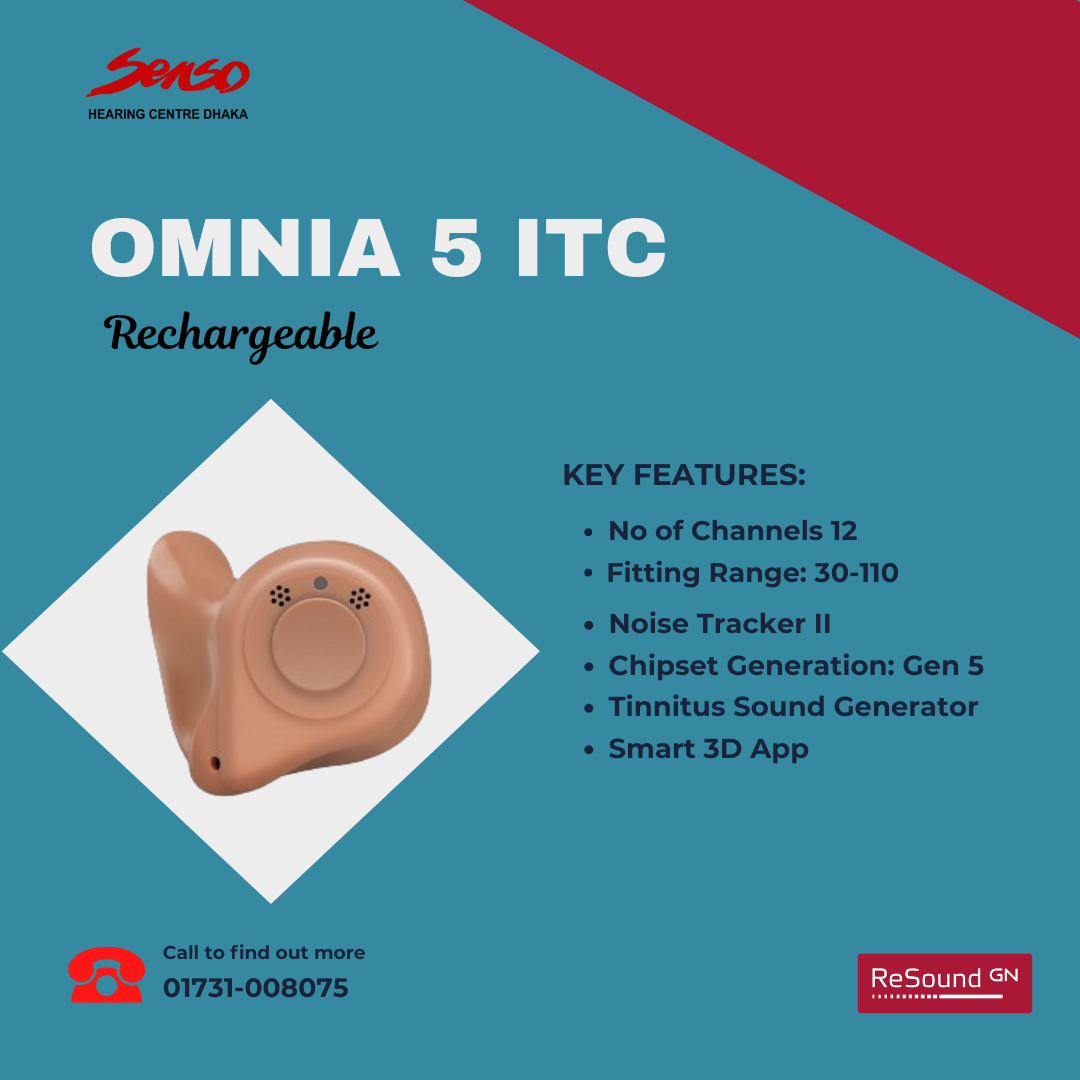 The ReSound OMNIA 5 ITC (In-The-Canal) hearing aid is part of ReSound's OMNIA family, designed to provide a balance of advanced features and user-friendly design. Below is a detailed overview of its content and features:
Key Features of the ReSound OMNIA 5 ITC:
1.	Sound Clarity and Speech Understanding:
o	All Access Directionality: Helps focus on speech in noisy environments by automatically adjusting the directional microphone settings to prioritize the speaker in front of you.
o	Ultra Focus: A setting designed for extremely challenging noise environments. It narrows the focus on the person directly in front of the user, improving speech clarity.
o	Environmental Optimizer II: Automatically adjusts the volume and settings based on the noise level in your environment to enhance listening comfort.
2.	Connectivity:
o	Bluetooth Connectivity: Stream audio directly from smartphones, tablets, and other Bluetooth-enabled devices. This includes phone calls, music, and other media.
o	ReSound Smart 3D App: Allows users to personalize their hearing experience, adjust settings, and receive remote assistance from their hearing care professional.
o	Made for iPhone (MFi): Seamless integration with iOS devices, allowing for direct streaming and easy control through the app.
o	Android Compatibility: Direct streaming available for compatible Android devices, enhancing connectivity options for non-iOS users.
3.	Comfort and Fit:
o	Customizable Fit: The ITC model is custom-molded to fit snugly in the ear canal, providing both comfort and security.
o	Discreet Design: Sits discreetly in the ear, making it less visible while still providing robust sound performance.
o	Multiple Domes and Tips: Offers different dome sizes and shapes to ensure a comfortable fit for various ear shapes and sizes.
4.	Battery and Charging:
o	Rechargeable Option: Provides an all-day battery life on a single charge, reducing the need for frequent battery changes.
o	Quick Charging: Offers fast charging options, with a quick charge providing several hours of use in a short period.
5.	Tinnitus Management:
o	Tinnitus Sound Generator (TSG): Includes a built-in sound generator designed to provide relief from tinnitus symptoms. It offers various sound options, including nature sounds and white noise.
6.	Durability:
o	IP68 Rating: Dust-tight and water-resistant, ensuring durability in different environmental conditions.
7.	Personalization:
o	Custom Sound Profiles: Allows users to create and save personalized listening profiles for different environments.
o	Binaural Directionality III: Provides a more natural listening experience by supporting binaural hearing, allowing the user to identify sound direction more accurately.
8.	Remote Care:
o	ReSound Assist: Offers remote fine-tuning and adjustments by the user's hearing care professional, reducing the need for in-person visits.
Summary
The ReSound OMNIA 5 ITC is a mid-range, in-the-canal hearing aid that offers a blend of advanced features, comfort, and customization. It's designed for those who seek a balance between performance and convenience, especially in environments with varying noise levels. Its connectivity options, rechargeable battery, and personalized fit make it a strong choice for users who want both discretion and effective hearing support.