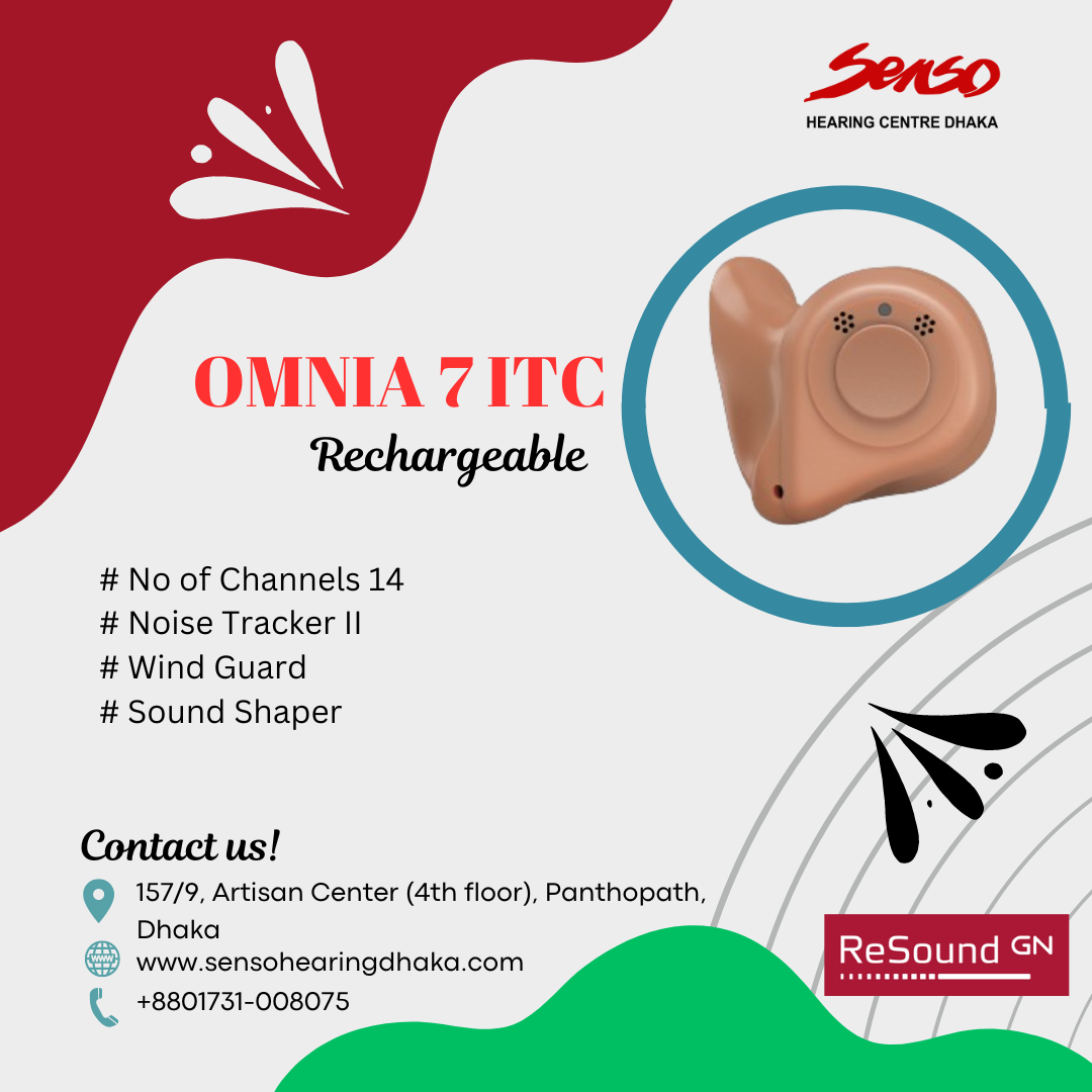 The ReSound OMNIA 7 ITC Rechargeable hearing aid is a part of ReSound's OMNIA lineup, offering a combination of advanced features tailored to provide enhanced sound quality and user comfort. Here's a detailed overview of its content and features:
Key Features of the ReSound OMNIA 7 ITC Rechargeable:
1.	Enhanced Sound Clarity and Speech Understanding:
o	All Access Directionality: Automatically adapts to your environment, focusing on speech in front of you while still allowing you to hear sounds around you. This feature is particularly useful in moderately noisy environments.
o	Ultra Focus: Enables a stronger focus on speech directly in front of the user, making conversations clearer in challenging noise situations.
o	Environmental Optimizer II: Adjusts sound settings automatically based on the surrounding noise level, enhancing listening comfort across different environments.
2.	Advanced Connectivity:
o	Bluetooth Connectivity: Direct streaming of audio from smartphones, tablets, and other Bluetooth-enabled devices, including calls, music, and other media.
o	ReSound Smart 3D App: Provides control over the hearing aid settings, including volume, sound profiles, and environmental adjustments. Users can also receive remote support from their hearing care professional.
o	Made for iPhone (MFi): Allows direct streaming from iOS devices and easy control via the app.
o	Android Compatibility: Supports direct streaming from compatible Android devices, offering versatility for users of various smartphone platforms.
3.	Rechargeability and Battery Life:
o	Rechargeable Battery: Provides all-day power on a single charge, eliminating the need for disposable batteries.
o	Quick Charge Functionality: Offers fast charging options, where a short charging session provides several hours of battery life.
4.	Custom Fit and Discreet Design:
o	Custom-Molded Fit: The ITC design is molded to fit comfortably within the ear canal, ensuring a secure and discreet fit.
o	Multiple Dome Options: Available with various dome sizes and shapes to suit different ear anatomies.
5.	Durability and Reliability:
o	IP68 Rating: Dust-tight and water-resistant, making it durable in various environmental conditions.
6.	Tinnitus Management:
o	Tinnitus Sound Generator (TSG): Offers customizable sound options to help manage tinnitus symptoms, including white noise and nature sounds.
7.	Binaural Hearing Support:
o	Binaural Directionality III: Improves the ability to identify the direction of sounds, creating a more natural and balanced hearing experience.
8.	Personalization and Adaptation:
o	Custom Sound Profiles: Users can create and save specific sound profiles tailored to different listening environments.
o	ReSound Assist: Allows users to receive remote fine-tuning and adjustments from their hearing care professional, reducing the need for in-person visits.
9.	Comfort Features:
o	Discreet and Comfortable Design: The ITC style is designed to be less noticeable while still providing high-quality sound performance.
o	Soft Ear Tips: Available in different sizes for a comfortable fit and to reduce any pressure or discomfort during extended wear.
Summary
The ReSound OMNIA 7 ITC Rechargeable is a feature-rich hearing aid that caters to users who desire a high level of sound clarity, comfort, and convenience. Its advanced connectivity options, rechargeable battery, and personalized fit make it an excellent choice for individuals who seek both functionality and ease of use in a discreet package. The OMNIA 7 offers a step up from the OMNIA 5 with enhanced sound processing features, making it suitable for those who regularly encounter moderately noisy environments and require reliable hearing support.