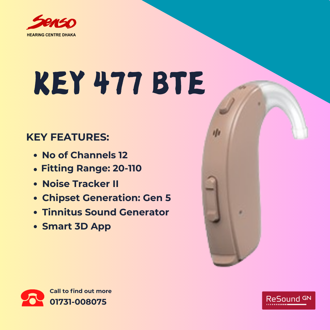 The ReSound Key 477 BTE (Behind-the-Ear) hearing aid is designed for users seeking a reliable, feature-rich solution to enhance their hearing. Below are the key features and content details for this model:
Key Features of ReSound Key 477 BTE Hearing Aid

    Behind-the-Ear Design:
        Sits comfortably behind the ear with a tube that directs sound into the ear canal, making it suitable for a wide range of hearing losses, from mild to severe.
        Available in different sizes and styles to accommodate various preferences and ear shapes.

    Natural Sound Experience:
        Delivers clear and balanced sound, providing a natural listening experience in various environments.
        Helps improve speech understanding, even in noisy situations, by reducing background noise and focusing on speech.

    Advanced Noise Reduction:
        Features noise reduction technology to minimize unwanted background sounds, making it easier to focus on conversations.
        Adaptively reduces noise in real-time, ensuring optimal sound quality in different listening situations.

    Feedback Suppression:
        Includes sophisticated feedback management to prevent whistling or squealing sounds that can occur with hearing aids, providing a more comfortable listening experience.

    Directional Microphone System:
        Utilizes directional microphones to enhance speech recognition by focusing on sounds coming from the front while reducing noise from other directions.
        Ideal for improving clarity in conversations, especially in crowded or noisy environments.

       Tinnitus Management:
        Includes built-in tinnitus relief features, such as soothing sound therapy, to help manage the symptoms of tinnitus.
        Can be customized to the user’s specific needs, offering personalized tinnitus management.

    Smartphone App Integration:
        Compatible with the ReSound app, enabling users to adjust settings, change programs, and control volume directly from their smartphones.
        The app also features a "Find My Hearing Aid" function, helping users locate misplaced devices.

   Content Overview

    Audience: The ReSound Key 477 BTE is suitable for individuals with mild to severe hearing loss who require a dependable, versatile hearing aid. Its advanced features and user-friendly design make it ideal for those looking for a balance of performance and ease of use.

    Usage Scenarios: Ideal for everyday use, including social interactions, work environments, and outdoor activities. Its robust design and wireless capabilities make it a good choice for active lifestyles.

    Additional Information: Available through hearing care professionals who provide custom fitting, programming, and ongoing support. The hearing aid comes with a manufacturer’s warranty and access to customer service for any troubleshooting or adjustments needed post-purchase.

The ReSound Key 477 BTE is a versatile and powerful hearing aid option that offers a comprehensive set of features designed to improve the quality of life for users with varying degrees of hearing loss.