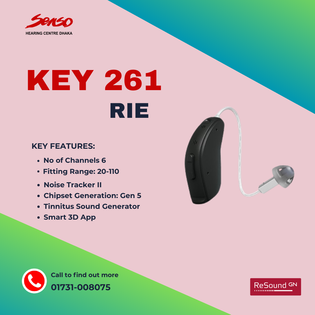 The Resound Key 261 RIE (Receiver-in-Ear) hearing aid is designed to provide effective amplification and comfort for users with varying degrees of hearing loss. Here’s a detailed overview of the typical contents and features associated with the Resound Key 261 RIE hearing aid:
Contents
1. Resound Key 261 RIE Hearing Aid: The main hearing device.
2. Receiver and Ear Hook: The receiver is typically integrated into the ear canal, connected by a thin wire.
3. Ear Tips/Domes: Different sizes of ear tips or domes to ensure a comfortable and secure fit.
4. Batteries: Usually includes size 312 batteries for powering the device.
5. User Manual: Comprehensive instructions on setup, usage, and care.
6. Quick Start Guide: A simplified guide for initial setup and quick reference.
7. Cleaning Tool: A brush or tool for maintaining and cleaning the hearing aid.
8. Storage Case: A protective case for safe storage when not in use.
9. Warranty Information: 2 years replacement guarantee.
10. Additional Accessories: May include a drying kit or dehumidifier to keep the device dry.
Features
1. Digital Signal Processing: Advanced technology that enhances sound quality and clarity.
2. Directional Microphones: Focus on sounds in front of the user while reducing background noise for improved speech understanding.
3. Noise Reduction: Helps minimize unwanted background noise for a more comfortable listening experience.
4. Feedback Management: Reduces feedback and whistling sounds for clearer listening.
5. Volume Control: Allows for easy adjustments to suit individual preferences.
6. Multiple Listening Programs: Tailored settings for different environments, such as quiet rooms, busy restaurants, or outdoor settings.
7. Lightweight and Discreet Design: Comfortable for all-day wear and designed to be less noticeable.
8. Wireless Connectivity Options: May support Bluetooth streaming for compatible devices (e.g., smartphones, tablets).
9. User-Friendly Controls: Simple buttons for easy adjustments to settings and volume.
10. Durable Construction: Built to withstand daily use and provide long-lasting performance.
For the most accurate information regarding specific features and contents, it’s best to check the official Resound website or consult your audiologist. If you have any more questions or need further assistance, feel free to ask! We are the distributor of resound in Bangladesh and we offer better hearing aid price in Bangladesh.
