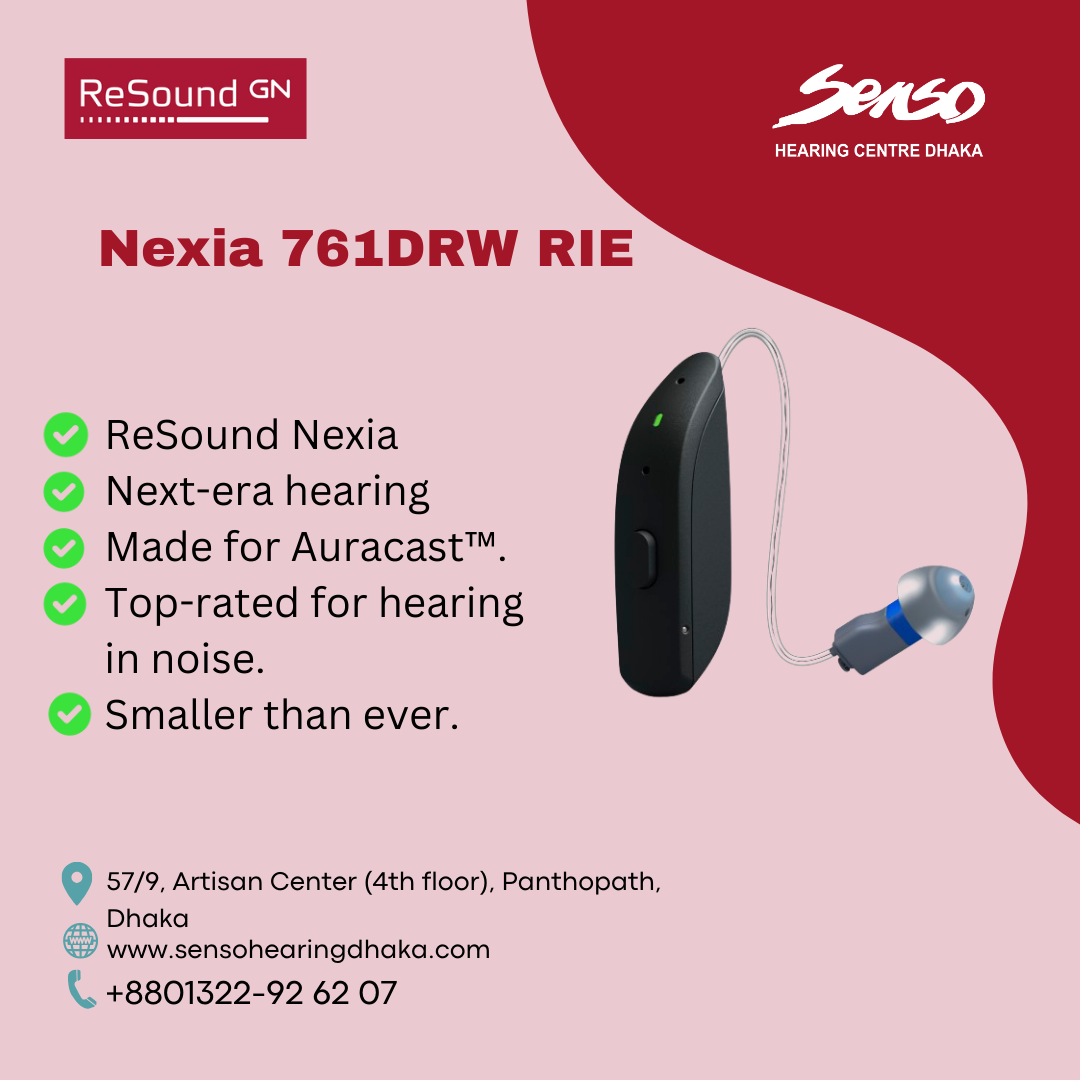 ReSound Nexia 761DRW is a Receiver-in-Ear (RIE), non-rechargeable hearing aid that features advanced sound processing, Bluetooth connectivity, and a compact, discreet design. It utilizes M&RIE (Microphone & Receiver-in-Ear) technology for a natural sound experience, improved speech clarity in noise through beamforming, and is "Made for Auracast™" for future-proofing public audio streaming.