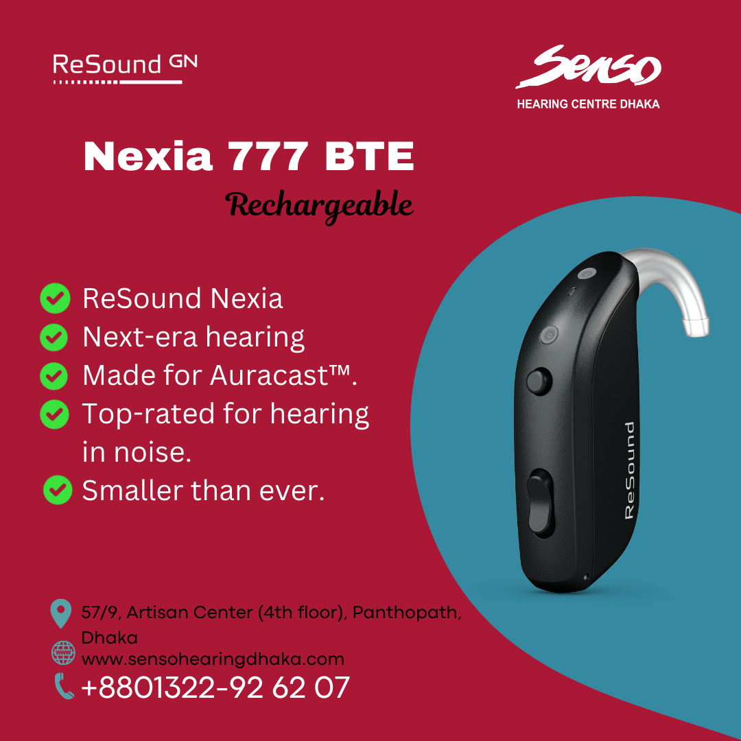 ReSound Nexia 777 BTE Rechargeable Digital Hearing Aid
Empower Your Hearing with ReSound Nexia 777 BTE
The ReSound Nexia 777 BTE Rechargeable Digital Hearing Aid delivers a premium hearing experience that combines advanced technology, long-lasting comfort, and exceptional sound clarity. Designed for users who need powerful, reliable hearing support, the Nexia 777 BTE features state-of-the-art sound processing, seamless connectivity, and a rechargeable battery for ultimate convenience. Whether you’re in a busy environment or a quiet space, the Nexia 777 BTE adapts to provide the best possible hearing experience throughout the day.
________________________________________
Key Features
1. Rechargeable Lithium-Ion Battery
Enjoy unmatched convenience with the rechargeable lithium-ion battery in the ReSound Nexia 777 BTE. With a single charge, the hearing aid provides up to 30 hours of uninterrupted use. The charging process is quick and easy, with a 3-hour full charge providing all-day use, and just a 30-minute charge offering 8 hours of listening. No more worries about constantly changing small batteries—just plug it in each night and be ready for the day ahead.
2. Superior Sound Clarity
The ReSound Nexia 777 BTE is engineered to deliver clear, natural sound across various environments. Powered by advanced sound processing technology, it uses 360-degree microphones to capture the full spectrum of sound, providing rich, balanced sound quality. Whether you’re enjoying a conversation in a quiet room or navigating a bustling street, the Nexia 777 BTE ensures you hear clearly with superior speech clarity and noise reduction.
3. Advanced Noise Reduction and Speech Clarity
Equipped with next-generation noise reduction algorithms, the Nexia 777 BTE automatically filters out background noise, allowing you to focus on what matters most: speech. Whether in crowded spaces, restaurants, or outdoor settings, the speech enhancement feature ensures that voices are heard with clarity, even against the backdrop of environmental noise.
4. Bluetooth Connectivity and Streaming
Stay connected seamlessly with the ReSound Nexia 777 BTE. With Bluetooth Low Energy (BLE) technology, you can wirelessly stream audio directly from your smartphone, tablet, or TV straight into your hearing aids. Whether it’s music, phone calls, or TV shows, the Nexia 777 BTE provides a high-quality listening experience, allowing you to enjoy media without the hassle of extra accessories.
5. Personalized Hearing Experience
With the ReSound Smart app, adjusting your hearing aid settings is easier than ever. You can personalize the sound based on your environment, adjust volume, change programs, and fine-tune the settings in real-time. Remote fine-tuning options from your hearing care professional are also available, ensuring you’re always getting the best hearing experience possible, no matter where you are.
6. Comfortable and Discreet Design
The Behind-the-Ear (BTE) style of the ReSound Nexia 777 BTE is designed to provide maximum comfort and discreetness. The ergonomic design ensures a secure fit, while the lightweight material ensures all-day comfort, even for extended wear. The BTE style also makes it virtually invisible when worn, providing a discreet hearing solution that suits your lifestyle.
7. Water-Resistant and Durable
With an IP68 rating, the Nexia 777 BTE is built to withstand everyday challenges, including moisture, dust, and sweat. Whether you’re caught in the rain or engaged in an active lifestyle, you can rely on the durability of the Nexia 777 BTE to perform under a variety of conditions, ensuring consistent, reliable hearing performance.
________________________________________
Why Choose ReSound Nexia 777 BTE?
•	Rechargeable Convenience – Enjoy up to 30 hours of use on a full charge, with fast recharging in just 3 hours.
•	Exceptional Sound Quality – Hear clear, natural sound with advanced speech clarity and noise reduction.
•	Personalized Hearing – Adjust settings easily with the ReSound Smart app and benefit from remote fine-tuning by your hearing professional.
•	Seamless Bluetooth Streaming – Stream phone calls, music, and media directly to your hearing aids.
•	Comfortable and Discreet – A lightweight BTE design ensures comfort, style, and discretion.
•	Durable and Water-Resistant – Built to last with an IP68 rating for water, dust, and sweat resistance.
________________________________________
Product Specifications
•	Model: ReSound Nexia 777 BTE
•	Battery Type: Rechargeable Lithium-Ion
•	Battery Life: Up to 30 hours on a full charge
•	Charging Time: Fully charges in 3 hours; 30 minutes provides up to 8 hours of use
•	Water Resistance: IP68-rated (resistant to dust, sweat, and water)
•	Connectivity: Bluetooth Low Energy (BLE) for streaming from smartphones, TV, and other devices
•	Sound Technology: 360-degree microphones, Smart Gain, Noise Reduction, Speech Clarity
•	Microphone Type: Directional microphones for optimal sound quality in all environments
•	Design: Behind-the-Ear (BTE) with a lightweight and comfortable fit
________________________________________
How It Works
1.	Charging Your Hearing Aids
The ReSound Nexia 777 BTE uses a rechargeable lithium-ion battery that provides up to 30 hours of use on a full charge. Simply place your hearing aids in the charging case overnight. With just 30 minutes of charging, you’ll get up to 8 hours of use, ensuring you're always ready for the day.
2.	Personalize Your Sound
Use the ReSound Smart app to adjust volume, hearing programs, and fine-tune your sound experience in real-time. Whether you’re in a quiet room or a crowded environment, you can ensure the sound is always optimized to suit your needs. Your hearing care professional can also make remote adjustments to fine-tune your hearing aids, so you always have the best listening experience.
3.	Stream Audio with Bluetooth
The ReSound Nexia 777 BTE features Bluetooth streaming, allowing you to enjoy music, podcasts, TV shows, and phone calls directly from your smartphone, tablet, or TV. Experience high-quality audio streamed wirelessly to your hearing aids, offering a more seamless connection to your digital life.
________________________________________
Customer Reviews
"Crystal Clear Sound and Easy to Use! – I’m extremely happy with my Nexia 777 BTE. The sound quality is amazing, and the Bluetooth streaming is a great feature. The rechargeability is also super convenient. I don’t have to worry about replacing batteries anymore!"
— David H.
"Great for Active Lifestyles – I love that these hearing aids are water-resistant and durable. I use them during my workouts and never have to worry about them getting damaged. Plus, they’re so comfortable and discreet!"
— Rachel T.
________________________________________
Frequently Asked Questions
1. How long does the battery last on a full charge?
The ReSound Nexia 777 BTE provides up to 30 hours of use on a full charge, ensuring all-day hearing without the need to recharge.
2. Can I connect my hearing aids to my phone or TV?
Yes! With Bluetooth Low Energy (BLE) technology, you can stream audio directly from your smartphone, tablet, or TV to your hearing aids for high-quality sound.
3. How do I adjust the settings on my hearing aids?
You can adjust the settings using the ReSound Smart app, or your hearing care professional can make remote adjustments for optimal performance.
4. Are the ReSound Nexia 777 BTE hearing aids water-resistant?
Yes, the Nexia 777 BTE is IP68-rated, meaning they are resistant to water, dust, and sweat, making them perfect for all kinds of activities and weather conditions.
________________________________________
Get Started with ReSound Nexia 777 BTE
Take the next step toward clearer, more natural hearing with the ReSound Nexia 777 BTE Rechargeable Digital Hearing Aid. Offering top-of-the-line technology, ultimate comfort, and convenience, the Nexia 777 BTE ensures you never miss a moment. Contact us today to schedule a consultation or to learn more about how these advanced hearing aids can improve your hearing experience.
________________________________________
Contact Us
For more information, to book an appointment, or to inquire about the ReSound Nexia 777 BTE, please contact us:
•	Mobile: +880 1322-92 62 07
•	Email: helalaudiology@gmail.com
•	Location: 57/9, Artisan Center (4th Floor), Panthapath, Dhaka-1205