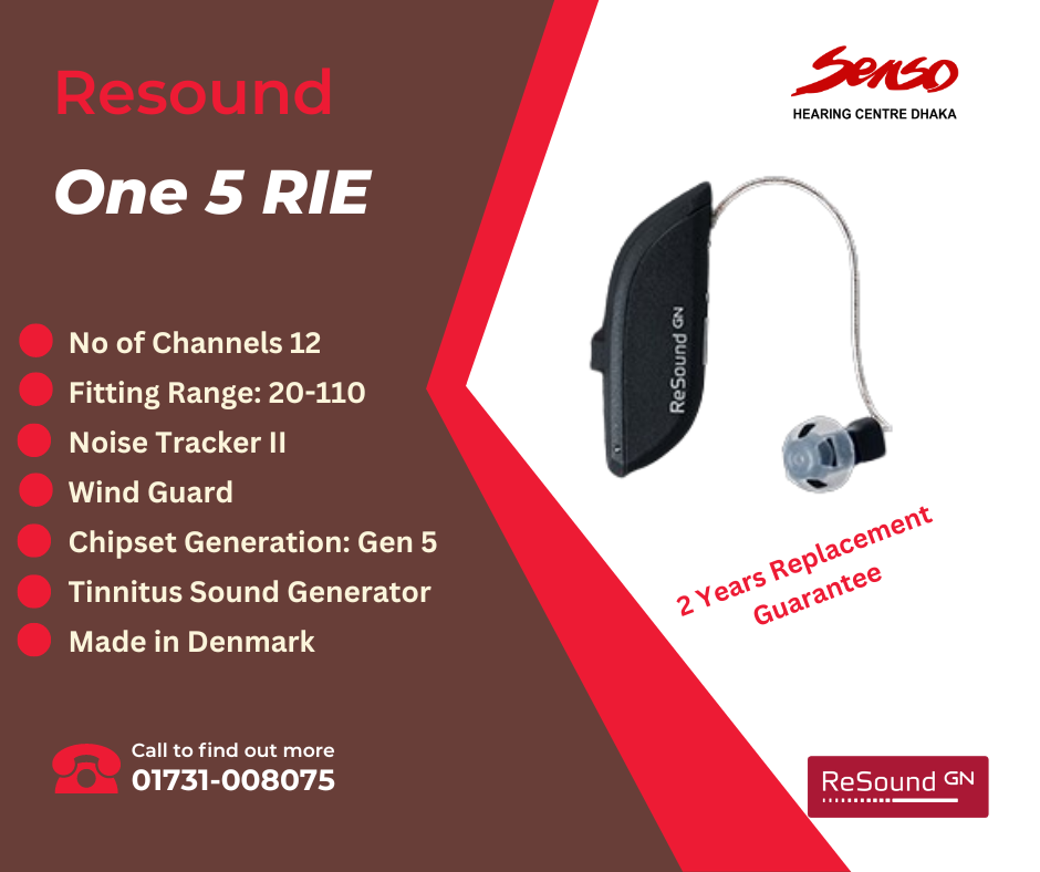 The ReSound ONE 5 RIE (Receiver-In-Ear) hearing aid offers a variety of features and contents aimed at improving the hearing experience. Here’s what you can typically expect:
Contents:
1.	Hearing Aids: Two ReSound ONE 5 RIE devices (if purchased as a pair).
2.	Batteries: Rechargeable batteries.
3.	Charger: A charging case or dock for rechargeable models.
4.	Ear Tips: Various sizes of ear tips for a comfortable and secure fit.
5.	Cleaning Tools: A cleaning brush and wax removal tool for maintenance.
6.	User Manual: Instructions for setup, usage, and care.
7.	Warranty Information: Two Years Guaranty.
8.	Accessories: Optional accessories such as remote controls or streaming devices may be included or available for purchase.
Features:
1.	Natural Sound Quality: Advanced sound processing technology for clear and natural hearing.
2.	All-Around Sound: Enhanced sound directionality for improved spatial awareness.
3.	Rechargeable Option: Long-lasting rechargeable batteries with a convenient charging case.
4.	Bluetooth Connectivity: Stream audio directly from smartphones, tablets, and other devices.
5.	Smart App Integration: Compatible with the ReSound Smart 3D app for personalized adjustments and control.
6.	Wind Noise Reduction: Technology to minimize wind noise during outdoor activities.
7.	Feedback Cancellation: Reduces whistling and feedback for a more comfortable listening experience.
8.	Multiple Listening Programs: Customizable settings for various environments (e.g., quiet, noisy, music).
9.	Tinnitus Management: Features designed to help manage tinnitus symptoms.
The ReSound ONE 5 RIE hearing aid is designed to provide a versatile and user-friendly experience for individuals with hearing loss. Always consult with a hearing care professional for personalized recommendations and fitting.