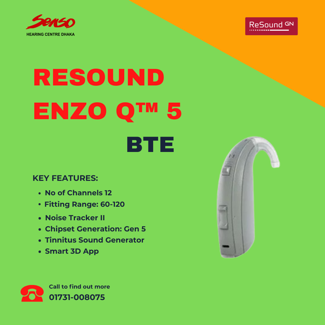 The RESOUND ENZO Q™ 5 BTE (Behind-The-Ear) hearing aid is designed for individuals with severe-to-profound hearing loss and includes a range of advanced features tailored for enhanced auditory experiences. Here’s a breakdown of the typical contents and features associated with the RESOUND ENZO Q™ 5 BTE hearing aid:
Contents
1. Hearing Aid Unit: The main BTE hearing aid device.
2. BTE Ear Hook: Provides a secure and comfortable fit behind the ear.
3. Custom Ear Mold: A personalized mold to fit the user’s ear canal, optimizing sound delivery and comfort.
4. Batteries: Used battery size 675.
5. Cleaning Tools: Brushes, cleaning cloths, and other maintenance tools for proper care of the hearing aid.
6. User Manual: Detailed instructions on operation, adjustment, and maintenance.
7. Battery Door Key: Tool for opening and closing the battery compartment.
8. Dehumidifier: A container or device to help keep the hearing aid dry and functioning optimally.
9. Storage Case: For safe storage of the hearing aid when not in use.
10. Drying Capsules: Absorb moisture to prolong the life of the hearing aid.
Features
1. High-Definition Sound Quality: Advanced sound processing technology to deliver clear, natural sound.
2. Directional Microphones: Enhance speech understanding in noisy environments by focusing on sounds from specific directions.
3. Wireless Connectivity: Bluetooth functionality for streaming audio from smartphones, tablets, and other devices directly to the hearing aid.
4. Remote Control Compatibility: Allows for adjustments of settings via a dedicated remote control or smartphone app.
5. Tinnitus Management: Features to help manage tinnitus, such as various sound therapy options.
6. Feedback Cancellation: Technology to reduce or eliminate feedback and whistling sounds.
7. Wind Noise Reduction: Algorithms designed to minimize wind noise, improving listening comfort in outdoor settings.
8. Automatic Adjustment: Adaptive sound processing that adjusts settings based on the listening environment, providing optimal hearing in various situations.
9. Comfortable Fit: Ergonomically designed for comfort during extended wear with a secure fit behind the ear.
10. Durability: Built to withstand daily wear and tear, including resistance to moisture and dust.
11. Easy-to-Use Controls: Simple controls for adjusting volume and settings, designed for ease of use.
12. Customizable Listening Programs: Multiple programs that can be adjusted to fit different listening environments and personal preferences.
The RESOUND ENZO Q™ 5 BTE hearing aid combines essential hearing enhancement technologies with user-friendly features to support individuals with significant hearing loss. For specific details and to ensure the hearing aid meets individual needs, consulting with a hearing care professional is recommended.