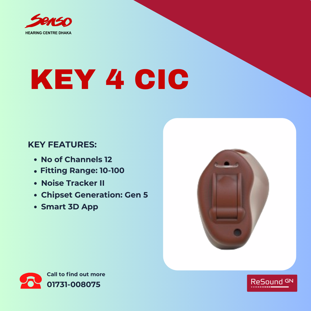 The ReSound Key 4 CIC (Completely-in-Canal) hearing aid is a popular model known for its small size and advanced features. Here are some of the key features:

    Discreet Design: The CIC model fits entirely within the ear canal, making it nearly invisible and very discreet.

    Natural Sound Experience: ReSound Key 4 offers a natural sound experience with advanced algorithms that help with speech understanding in various environments.

    Directional Microphone: Even in its small size, it often includes a directional microphone that helps focus on sounds in front of the user, improving speech clarity in noisy environments.

    Noise Reduction: It includes noise reduction technology to minimize background noise, enhancing the clarity of speech.

    Feedback Suppression: This feature helps prevent the whistling or feedback noise that can occur with hearing aids.

    Wireless Connectivity: Although small, many CIC models in the ReSound Key 4 series support wireless connectivity, allowing the hearing aid to connect to smartphones, TVs, and other devices for direct audio streaming.

    Customizable Fit: The hearing aid is custom-molded to fit the user's ear canal, providing comfort and a secure fit.

    Tinnitus Management: It may include tinnitus management features, providing relief for those who suffer from ringing in the ears.

    Smartphone App Compatibility: Users can control their hearing aids using the ReSound app, adjusting volume and settings, and even finding lost hearing aids.

These features make the ReSound Key 4 CIC hearing aid a versatile and convenient option for people with hearing loss. we offered best hearing aid price in Bangladesh.