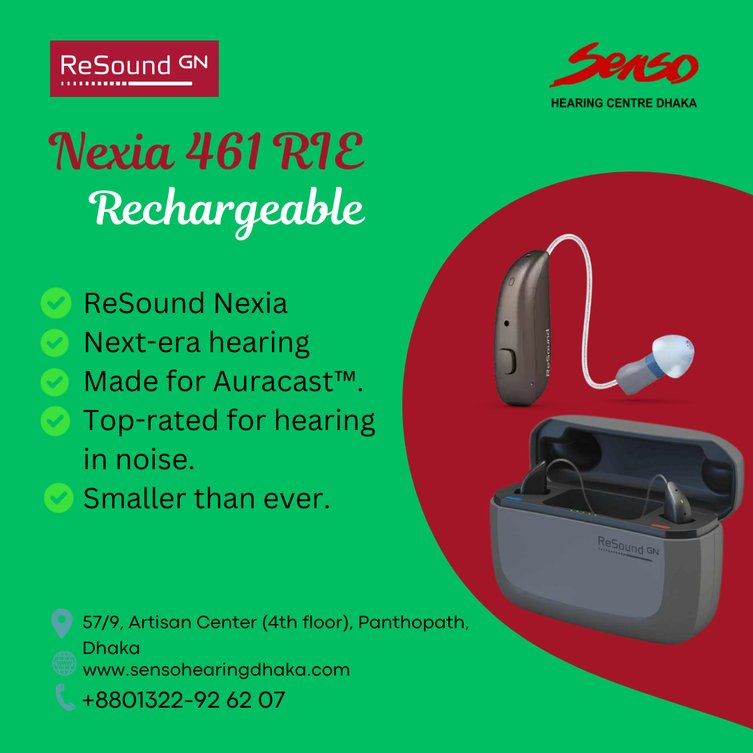 ReSound Nexia 461 RIE Rechargeable Digital Hearing Aid
Experience Crystal Clear Sound – Anytime, Anywhere
The ReSound Nexia 461 is a cutting-edge Rechargeable Digital Hearing Aid designed to provide users with exceptional sound clarity, comfort, and reliability. Engineered with advanced technology and a sleek, discreet design, this hearing aid offers an outstanding listening experience for people who seek to regain their hearing without compromise.
________________________________________
Key Features
1. Rechargeable Convenience
The ReSound Nexia 461 comes with a powerful, long-lasting rechargeable battery that ensures you get a full day of hearing without the hassle of frequent battery replacements. Simply place your hearing aids in the charging case overnight, and they’ll be ready to go when you are. The fast-charging option also provides hours of hearing in just a few minutes of charging.
2. Superior Sound Quality
Thanks to the Advanced Digital Sound Processing technology, the Nexia 461 offers superior sound quality in any listening environment. Whether you’re in a noisy restaurant or a quiet library, the hearing aid adapts to provide clear and natural sound, so you can engage with conversations and enjoy the world around you.
3. Smart Sound Control
With Automatic Sound Adjustments, the ReSound Nexia 461 continuously analyzes your surroundings and adjusts the sound settings for optimal clarity. Whether you're on a phone call, listening to music, or in a crowded space, the device ensures you're hearing exactly what you need.
4. Sleek and Discreet Design
The ReSound Nexia 461 is designed to be as discreet and comfortable as possible. Its receiver-in-the-ear (RIE) design provides a natural fit and is virtually invisible behind the ear. It’s lightweight, ensuring comfort all day long without compromising on performance.
5. Connectivity
Easily connect the ReSound Nexia 461 to your smartphone and other Bluetooth-enabled devices. Stream calls, music, and media directly to your hearing aids for a seamless and high-quality audio experience. The easy-to-use ReSound Smart app allows you to personalize settings and control volume, ensuring a tailor-made listening experience.
6. Long Battery Life
The rechargeable lithium-ion battery provides up to 24 hours of listening time on a full charge. And with fast charging capabilities, just 30 minutes in the charging dock provides up to 8 hours of use.
7. Water and Dust Resistant
With an IP68 rating, the ReSound Nexia 461 is built to withstand exposure to water, sweat, and dust, so you can wear them confidently in various environments without worry.
________________________________________
Why Choose ReSound Nexia 461?
•	Unmatched Clarity – Enjoy crisp, clear sound, even in challenging environments.
•	Rechargeable Convenience – No need for constant battery replacements, and long-lasting battery life.
•	Customizable Comfort – Personalize your hearing experience with the ReSound Smart app.
•	Reliable Performance – A trusted, high-quality product that adapts to your hearing needs.
•	Sleek and Discreet – Designed for comfort and aesthetics, ideal for individuals looking for a low-profile hearing aid solution.
________________________________________
Product Specifications
•	Model: ReSound Nexia 461 RIE
•	Battery Type: Rechargeable Lithium-Ion
•	Battery Life: Up to 24 hours of use on a full charge
•	Charging Time: Fully charges in 3 hours; 30 minutes of charging provides 8 hours of use
•	Water Resistance: IP68-rated
•	Connectivity: Bluetooth, ReSound Smart app compatible
•	Sound Processing: Advanced Digital Signal Processing (DSP)
•	Microphone: Directional microphones for enhanced hearing in noisy environments
•	Size: Small and discreet behind-the-ear design
________________________________________
How It Works
1.	Charging the Device
Place your hearing aids in the charging dock at night, and the lithium-ion battery will fully charge within three hours. When you're ready to use them again, simply take them out and enjoy all-day hearing.
2.	Customizing Sound Settings
Use the ReSound Smart app on your smartphone to fine-tune your hearing aids to your personal preferences. Adjust volume, change programs, and tailor sound settings for different environments—all with a simple touch.
3.	Enjoying Seamless Connectivity
Connect the hearing aids to your smartphone or other Bluetooth-enabled devices to stream audio directly to your hearing aids for a truly wireless experience.
________________________________________
Customer Reviews
"Life-Changing - I couldn’t be happier with my ReSound Nexia 461 hearing aids. The sound quality is incredible, and I love not having to worry about changing batteries. The rechargeability makes life so much easier!"
— Emily S.
"Finally, a solution that works for me – The ReSound Nexia 461 has exceeded my expectations. The hearing aid adjusts to different environments automatically, and I can even adjust settings from my phone. It’s the most comfortable hearing aid I’ve worn!"
— John M.
________________________________________
Frequently Asked Questions
1. How long does the ReSound Nexia 461 battery last on a single charge?
The battery lasts up to 24 hours with regular use, and it takes about 3 hours to fully charge.
2. How do I clean my ReSound Nexia 461 hearing aids?
We recommend using the included cleaning tools and wipes to keep your hearing aids in top condition. Be sure to avoid using water or cleaning solvents.
3. Can I wear the ReSound Nexia 461 while exercising or swimming?
The hearing aids are water-resistant with an IP68 rating, so they’re suitable for everyday activities, including exercise. However, prolonged exposure to water, such as swimming, should be avoided.
________________________________________
Get Started with ReSound Nexia 461
Rediscover the world of sound with the ReSound Nexia 461 Rechargeable Digital Hearing Aid. Take the first step toward better hearing today by contacting us for more information, or schedule a consultation with a certified hearing professional near you.
________________________________________
Contact Us
For more details or to schedule a free consultation, get in touch with our customer service team. We're here to assist you on your hearing journey!
•	Mobile: +880 1322-92 62 07
•	Email: helalaudiology@gmail.com
•	Location: 57/9, Artisan Center (4th Floor), Panthapath, Dhaka-1205