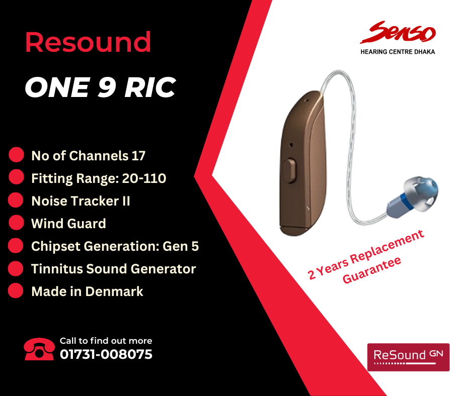 The ReSound ONE 9 RIE (Receiver-In-Ear) hearing aid is designed to provide advanced hearing solutions with a range of features to enhance the user experience. Here are the typical contents and features you can expect:
Contents:
1.	Hearing Aids: Two ReSound ONE 9 RIE devices (if purchased as a pair).
2.	Batteries: Rechargeable.
3.	Charger: For rechargeable models, a charging case or dock.
4.	Ear Tips: Various sizes of ear tips for a comfortable fit.
5.	Cleaning Tools: A cleaning brush and wax removal tool.
6.	User Manual: Instructions for setup, usage, and maintenance.
7.	Warranty Information: Two years replacement guaranty.
8.	Accessories: Optional accessories like a remote control or streaming devices may be included or available for purchase.
Features:
1.	Natural Sound Quality: Advanced sound processing technology for clear and natural sound.
2.	All-Around Sound: The unique design allows for better sound directionality and spatial awareness.
3.	Rechargeable Option: Long-lasting rechargeable batteries with a convenient charging case.
4.	Bluetooth Connectivity: Stream audio directly from smartphones, tablets, and other devices.
5.	Smart App Integration: Compatible with the ReSound Smart 3D app for personalized adjustments and control.
6.	Wind Noise Reduction: Technology to minimize wind noise during outdoor activities.
7.	Feedback Cancellation: Reduces whistling and feedback for a more comfortable listening experience.
8.	Multiple Listening Programs: Customizable settings for different environments (e.g., quiet, noisy, music).
9.	Tinnitus Management: Features to help manage tinnitus symptoms.
These features make the ReSound ONE 9 RIE a versatile and user-friendly option for individuals with hearing loss. Always consult with a hearing care professional for personalized recommendations and fitting.