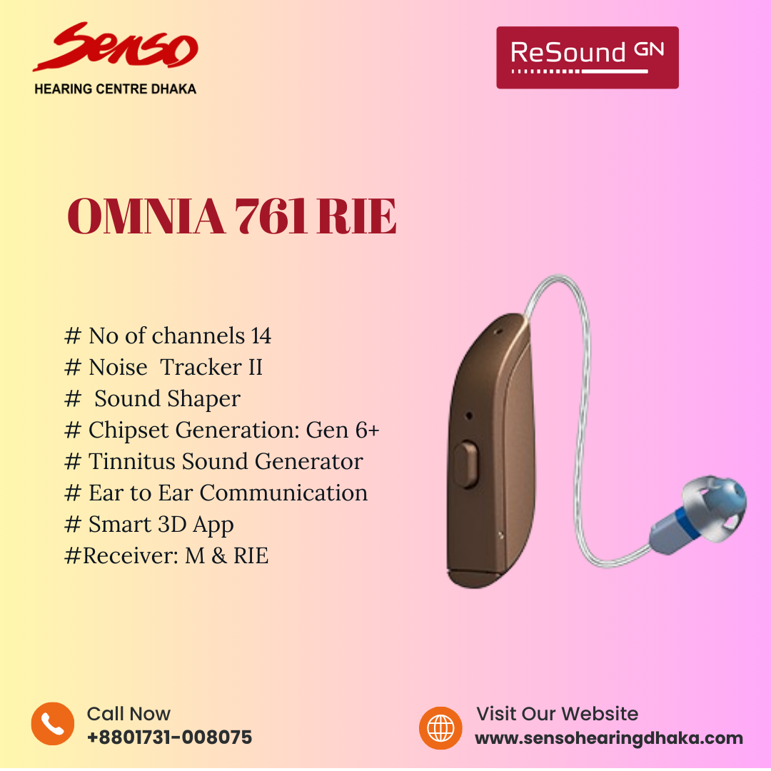 The Resound Omnia 761 RIE (Receiver-in-Ear) hearing aid is designed to provide advanced hearing support for individuals with varying degrees of hearing loss. Here are some key features and benefits:
Design
•	Receiver-in-Ear Configuration: This design allows for a discreet fit while delivering clear sound directly to the ear.
•	Comfort: Available with different ear tips to ensure a comfortable and secure fit.
Technology
•	Enhanced Sound Processing: The Omnia 761 utilizes advanced algorithms to improve speech clarity and reduce background noise, making conversations easier in various environments.
•	Directional Microphones: These help focus on sounds in front of the user, enhancing speech understanding in noisy settings.
Connectivity
•	Bluetooth Connectivity: The hearing aid can connect to smartphones and other devices for direct streaming of phone calls, music, and other audio.
•	Companion App: Users can customize settings, control volume, and access additional features via the app.
Battery Life
•	Rechargeable Design: The built-in rechargeable batteries offer convenience and long battery life, supporting all-day use without the need for frequent battery changes.
User-Friendly Features
•	Automatic Adjustments: The hearing aid can automatically adapt to different listening environments, optimizing sound settings without manual adjustments.
•	Tinnitus Management: Some models may include features to help manage tinnitus.
Maintenance and Support
•	Durability: Designed to withstand daily wear and moisture, ensuring reliability in various conditions.
•	Cleaning Accessories: Comes with tools for easy maintenance and cleaning to ensure optimal performance.
Support
•	Warranty: Two (2) years replacement guaranty, along with options for customer support and service.
The Resound Omnia 761 RIE hearing aid combines advanced technology with user-friendly features, making it suitable for those seeking a high-quality, discreet hearing solution. For personalized fitting and adjustments, it's recommended to work closely with an audiologist.