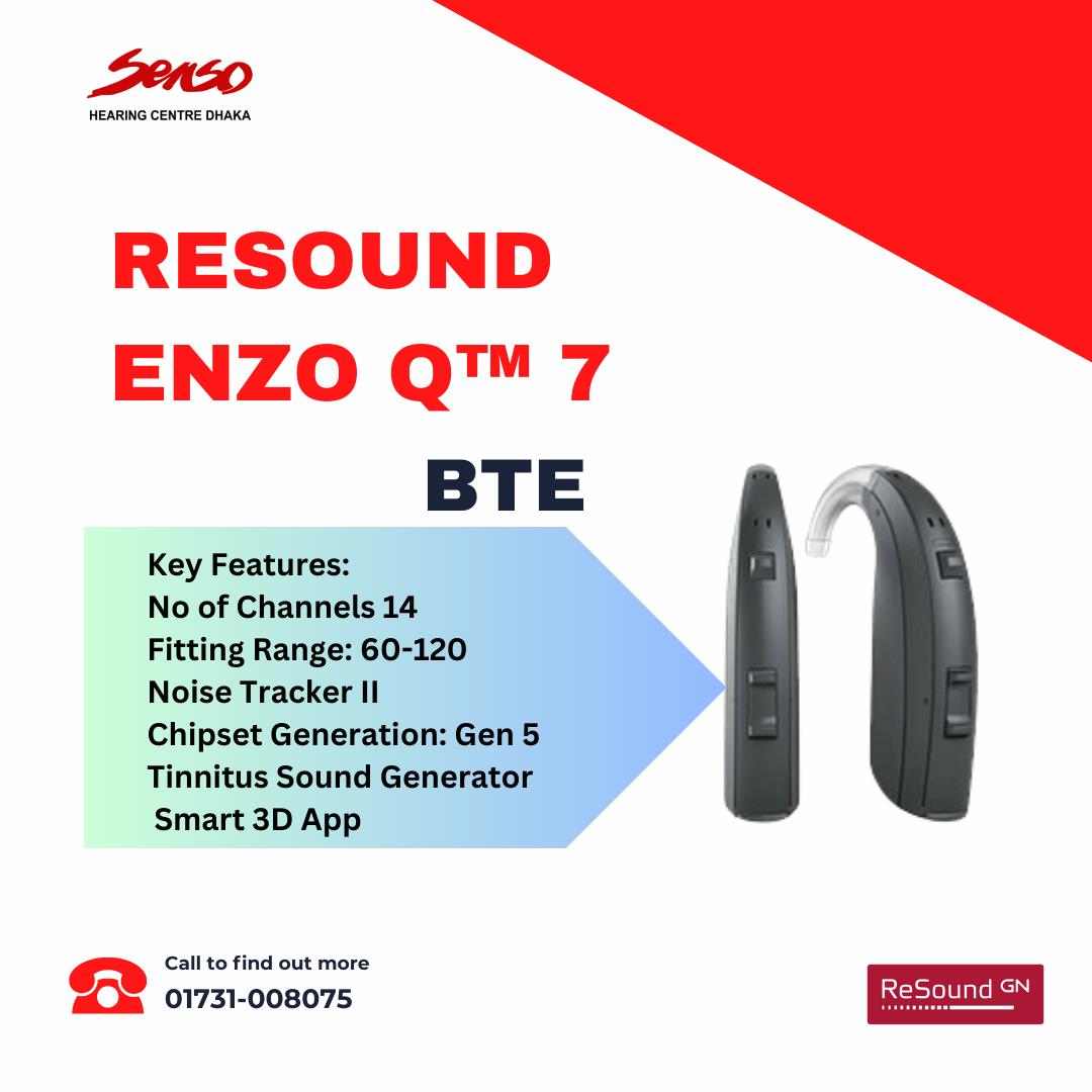 The RESOUND ENZO Q™ 7 BTE (Behind-The-Ear) hearing aid is designed for individuals with severe-to-profound hearing loss and incorporates a range of advanced features to enhance hearing experiences. Here’s a detailed look at the typical contents and features of the RESOUND ENZO Q™ 7 BTE hearing aid:
Contents
1. Hearing Aid Unit: The main BTE hearing aid device.
2. BTE Ear Hook: For secure placement behind the ear.
3. Custom Ear Mold: Personalized to fit the user’s ear canal, ensuring comfort and optimal sound delivery.
4. Batteries: Required battery size 675
5. Cleaning Tools: Brushes, cleaning cloths, and other tools for maintenance and hygiene.
6. User Manual: Comprehensive guide on operation, care, and troubleshooting.
7. Battery Door Key: Tool to assist in opening and closing the battery compartment.
8. Drying Container or Dehumidifier: For keeping the hearing aid dry and extending its lifespan.
9. Storage Case: Protective case for when the hearing aid is not in use.
10. Drying Capsules: To absorb moisture and keep the hearing aid in good condition.
Features
1. High-Definition Sound Quality: Advanced sound processing technology to deliver clear and natural sound.
2. Directional Microphones: To focus on sounds from specific directions, improving speech clarity in noisy environments.
3. Wireless Connectivity: Bluetooth support for streaming audio from smartphones, tablets, and other devices directly to the hearing aid.
4. Remote Control Compatibility: Ability to adjust settings remotely via a dedicated remote control or a smartphone app.
5. Tinnitus Management: Features designed to help alleviate tinnitus, such as masking sounds.
6. Feedback Cancellation: Technology to reduce or eliminate feedback and whistling sounds.
7. Wind Noise Reduction: Algorithms to minimize wind interference during outdoor use.
8. Automatic Adjustment: Adaptive sound processing that adjusts settings based on the listening environment.
9. Comfortable Fit: Designed for comfort with an ergonomic fit behind the ear, suitable for extended wear.
10. Durability: Robust and resistant to moisture and dust, designed to withstand everyday use.
11. Easy-to-Use Controls: Simple and intuitive buttons or touch controls for adjusting volume and settings.
12. Customizable Programs: Multiple listening programs that can be customized to suit different environments and user preferences.
The RESOUND ENZO Q™ 7 BTE combines advanced hearing technology with user-friendly features to provide a comprehensive solution for individuals with significant hearing loss. For the most accurate and personalized information, consulting with a hearing care professional is recommended.