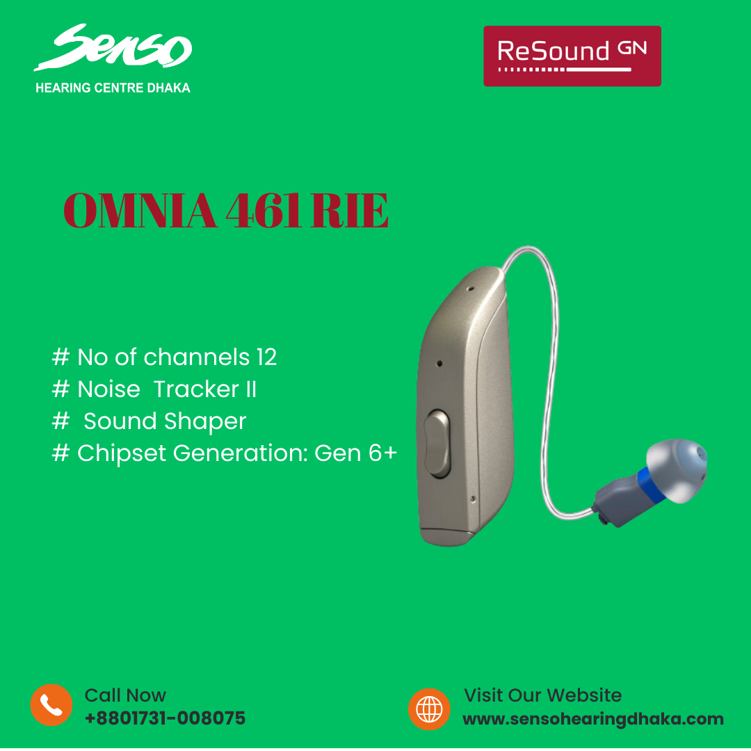 The ReSound Omnia 461 RIE (Receiver-in-Ear) hearing aid is an entry-level model in the Omnia series. It offers essential features for improving speech clarity and enhancing overall listening experiences, while maintaining the high-quality standards ReSound is known for. Here’s a breakdown of the key features and details of the Omnia 461 RIE:
Key Features:
1.	Sound Performance:
o	Directional Sound Processing: The Omnia 461 RIE uses basic directionality to help users focus on sounds in front of them, making it easier to follow conversations in quieter or moderately noisy environments.
o	Environmental Adaptation: This feature adjusts the hearing aid settings automatically based on the user’s surroundings, improving comfort and sound clarity in different environments.
o	Speech Clarity: While more advanced models in the Omnia line have additional enhancements, the Omnia 461 still provides solid speech understanding in most daily situations.
2.	Bluetooth Connectivity:
o	Direct Audio Streaming: The Omnia 461 is compatible with Bluetooth-enabled devices like smartphones and tablets, allowing users to stream phone calls, music, and other audio directly to their hearing aids.
o	ReSound Smart 3D App: Users can adjust settings, change programs, and even find their hearing aids using the ReSound Smart 3D app, adding convenience and customization to their experience.
3.	Battery Size: Battery size 312
4.	Design and Comfort:
o	Receiver-in-Ear Style: The RIE design ensures a comfortable, discreet fit. The receiver sits in the ear canal, providing a more natural sound.
o	Custom Fit Options: Various domes and receivers are available, allowing for personalization and comfort based on the user’s ear shape and hearing needs.
5.	Durability and Protection:
o	Water and Dust Resistant: With an IP68 rating, the Omnia 461 RIE is protected against water and dust, making it durable for everyday wear in different environments.
6.	Tinnitus Management:
o	Tinnitus Sound Therapy: The Omnia 461 RIE includes features to help manage tinnitus symptoms by offering customizable soothing sounds to relieve ringing or buzzing in the ears.