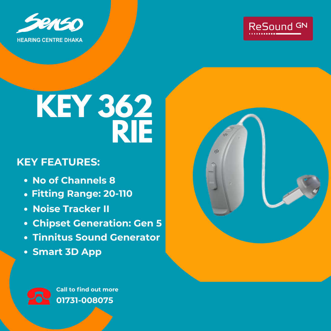 The ReSound Key 362 RIE (Receiver-in-Ear) hearing aid is designed to provide users with essential hearing capabilities while maintaining a balance between affordability and technology. Here’s an overview of its features and content:
Key Features:
1.	Design:
o	RIE Style: The Receiver-in-Ear (RIE) design offers a more discreet and comfortable fit, with the receiver placed directly in the ear canal.
o	Compact & Ergonomic: Sleek and compact, ensuring comfort for all-day wear.
2.	Sound Processing:
o	ReSound's Organic Hearing Philosophy: Focuses on delivering sound that feels natural, closely mimicking how the ear naturally hears.
o	Warp™ Compression: An advanced sound processing algorithm that prioritizes speech sounds for better clarity in conversations.
o	Low Frequency Boost: Enhances the perception of low-frequency sounds, crucial for a more natural hearing experience.
3.	Connectivity:
o	Wireless Connectivity: Supports wireless accessories like ReSound TV Streamer 2 and ReSound Multi Mic for direct streaming of audio from various devices.
o	Bluetooth Compatibility: Stream audio directly from Bluetooth-enabled devices such as smartphones and tablets.
o	ReSound Assist Live: Enables remote fine-tuning and adjustments by a hearing care professional.
4.	Environmental Adaptation:
o	Noise Reduction: Advanced noise reduction algorithms help in reducing background noise, allowing users to focus more on speech.
o	Directional Microphones: Enhances speech understanding in noisy environments by focusing on sounds coming from in front of the user.
5.	Battery & Power:
o	Replaceable Battery: Uses standard size 13 batteries, providing long-lasting power.
o	Battery Life: Typically lasts 7-10 days depending on usage.
6.	Customization & Controls:
o	Personalization: Can be programmed and customized according to the user's hearing profile by a hearing care professional.
o	App Integration: Works with the ReSound Smart 3D app for easy adjustments and monitoring. Users can change programs, adjust volume, and check battery status through the app.
7.	Comfort & Usability:
o	Feedback Management: Features advanced feedback suppression to prevent whistling sounds.
o	Comfort Fit: Different sizes of ear domes and custom molds are available to ensure a comfortable fit for every user.
Additional Content:
•	Durability: Built to withstand daily wear and tear, with moisture-resistant components for better longevity.
•	Tinnitus Management: Offers built-in sound therapy options to help manage tinnitus symptoms.
This model is ideal for users seeking a reliable hearing aid with essential features at an affordable price. It balances basic functionality with some advanced features found in higher-end models, making it a good option for those new to hearing aids or those with moderate hearing loss. We offer best hearing aid price in Bangladesh.