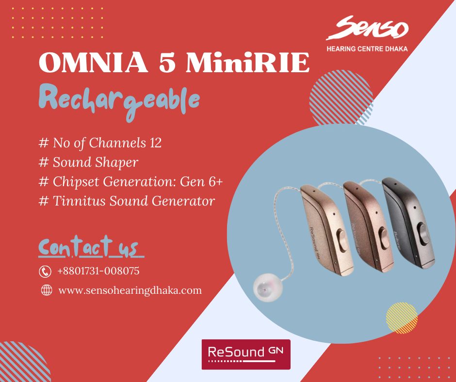 Resound Hearing Aid Omnia 5 MiniRIE Rechargeable 
More facilities of Omnia rechargeable hearing aid.  
>Receiver: M & RIE
>Directionality: Binaural Directionality (Fixed Beam)
>Soft Switching: Sync
>Noise Tracker II
>Wind Guard
>Expansion
>Impulse Noise Reduction
>Sound Shaper
>Chipset Generation: Gen 6+
>Feedback Management: Type-DFS Ultra III and have Music Mode
>Synchronized Acceptance Manager
>Tinnitus Sound Generator
>Synchronized Push Button & Volume Control
>Ear to Ear Communication
>Direct Audio Streaming (Made for Apple & Android ASHA) 
>Resound TV streamer2, Multi Mic, Unite Phone Clip, Unite Remote >Control 2
>Wireless premium charger
>Smart 3D App
>Resound Assist Live