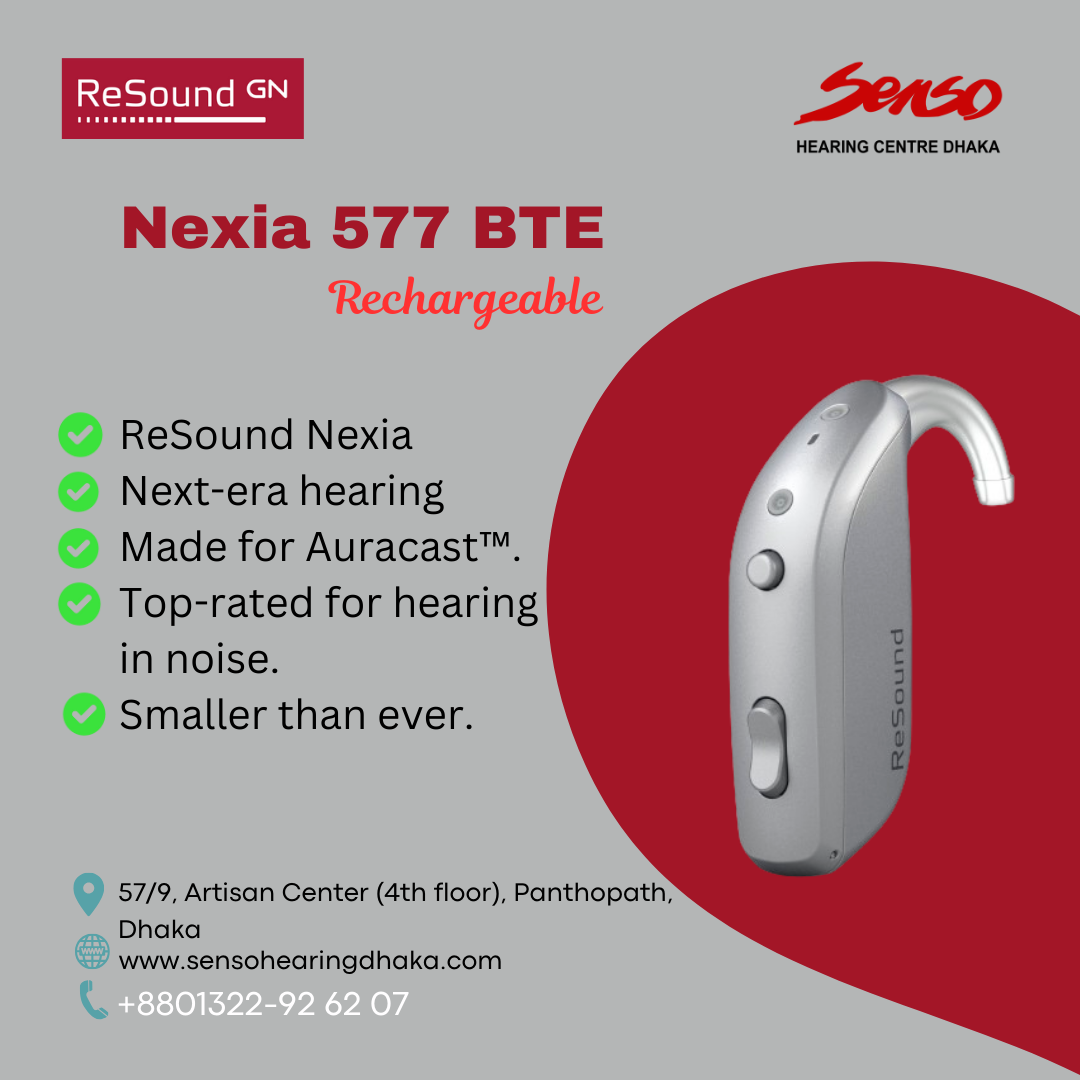 ReSound Nexia 577 BTE Rechargeable Digital Hearing Aid
Experience Sound Like Never Before with ReSound Nexia 577 BTE
The ReSound Nexia 577 BTE Rechargeable Digital Hearing Aid is designed to provide exceptional hearing performance, combining advanced digital technology with the convenience of a rechargeable lithium-ion battery. Engineered for users seeking superior sound quality, all-day comfort, and ease of use, the Nexia 577 BTE delivers clear, natural sound in a durable and discreet behind-the-ear (BTE) design.
Whether you’re enjoying a conversation with friends or navigating a noisy crowd, the Nexia 577 BTE adapts automatically to ensure you hear clearly in any situation. Enjoy all-day reliability, comfort, and an enhanced listening experience with ReSound's innovative hearing aid technology.
________________________________________
Key Features
1. Rechargeable Lithium-Ion Battery
Forget about the hassle of changing small batteries! The ReSound Nexia 577 BTE comes equipped with a high-performance rechargeable lithium-ion battery that provides up to 30 hours of use on a full charge. It fully recharges in just 3 hours, and a 30-minute charge offers up to 8 hours of listening time. Convenience and reliability are at your fingertips!
2. Superior Sound Quality
The Nexia 577 BTE provides exceptionally clear, natural sound, thanks to advanced sound processing technology. Featuring 360-degree microphones, it automatically adjusts to your surroundings, ensuring clear, high-fidelity sound regardless of whether you're in a quiet room or a noisy environment. The hearing aids also offer excellent speech enhancement and noise reduction to prioritize conversations and minimize unwanted background noise.
3. Personalized Hearing Experience
With the ReSound Smart app, you can fine-tune your hearing experience to match your lifestyle. Adjust the volume, change programs, and even personalize sound settings based on your environment—all from your smartphone. Plus, your hearing care professional can remotely fine-tune your settings, ensuring optimal performance with minimal effort.
4. Advanced Noise Reduction & Speech Clarity
The ReSound Nexia 577 BTE uses cutting-edge technology to reduce background noise and enhance speech. Whether you're at a busy café, a noisy street, or a crowded event, your hearing aids will focus on the voices you want to hear, improving speech clarity while minimizing distractions from surrounding sounds.
5. Bluetooth Connectivity
With Bluetooth Low Energy (BLE) connectivity, the Nexia 577 BTE allows you to stream audio directly from your smartphone, tablet, or TV to your hearing aids. You can enjoy hands-free calls, music, podcasts, and other media with high-quality sound right in your ears. The seamless connectivity also makes it easier to stay connected to the world around you, all while improving your hearing experience.
6. Comfortable and Discreet Design
The Nexia 577 BTE is designed for maximum comfort and discretion. Its Behind-the-Ear (BTE) style is lightweight, ergonomic, and designed to fit securely and comfortably. The sleek, modern design ensures that the hearing aids remain discreet and virtually invisible, allowing you to wear them with confidence throughout the day.
7. Water-Resistant and Durable
Rated IP68 for water, dust, and sweat resistance, the Nexia 577 BTE is built to withstand everyday challenges. Whether you’re exercising, caught in the rain, or dealing with moisture, your hearing aids will continue to deliver reliable performance, making them ideal for active users.
________________________________________
Why Choose ReSound Nexia 577 BTE?
•	Rechargeable & Convenient – Enjoy up to 30 hours of use on a single charge, with fast recharging in just 3 hours.
•	Exceptional Sound Clarity – Experience clear, natural sound in every environment, thanks to advanced sound processing technology.
•	Personalized Hearing – Adjust settings easily with the ReSound Smart app and remote fine-tuning.
•	Seamless Bluetooth Streaming – Stream phone calls, music, and media directly to your hearing aids.
•	Comfortable & Discreet – A lightweight, behind-the-ear design that ensures comfort and discretion.
•	Durable & Water-Resistant – IP68 rating ensures durability against sweat, dust, and water.
________________________________________
Product Specifications
•	Model: ReSound Nexia 577 BTE
•	Battery Type: Rechargeable Lithium-Ion
•	Battery Life: Up to 30 hours on a full charge
•	Charging Time: 3 hours for a full charge; 30 minutes provides 8 hours of use
•	Water Resistance: IP68-rated (resistant to dust, sweat, and water)
•	Connectivity: Bluetooth Low Energy (BLE) for seamless audio streaming from smartphones, TV, and other Bluetooth devices
•	Sound Technology: 360-degree microphones, Speech Clarity, Smart Gain, and Noise Reduction
•	Microphone Type: Directional microphones for enhanced speech understanding in noisy environments
•	Design: Behind-the-Ear (BTE) with a discreet, comfortable, and secure fit
________________________________________
How It Works
1.	Charging Your Hearing Aids
The ReSound Nexia 577 BTE uses a rechargeable lithium-ion battery. Simply place your hearing aids in the charging case overnight to recharge them. A full charge provides up to 30 hours of use, while just 30 minutes of charging offers 8 hours of listening time, making them ready for your daily activities.
2.	Personalizing Your Sound
Use the ReSound Smart app to adjust the volume, change hearing programs, and fine-tune sound settings to match your environment. Additionally, your hearing care professional can make remote adjustments for you, ensuring optimal performance at all times.
3.	Stream Audio with Bluetooth
The ReSound Nexia 577 BTE supports Bluetooth streaming, allowing you to enjoy calls, music, and media directly from your Bluetooth-enabled devices to your hearing aids. Whether you're taking a call, listening to a podcast, or watching a movie, the sound is delivered directly to your ears.
________________________________________
Customer Reviews
"Fantastic Sound and Comfort! – I’m so impressed with my ReSound Nexia 577 BTE hearing aids. The sound is crystal clear, and I love the convenience of the rechargeable battery. The Bluetooth streaming is a game-changer for me!"
— Laura S.
"Convenient and Effective – The Nexia 577 BTE hearing aids are so comfortable, and the app makes adjustments so easy. The sound quality is excellent, and I can finally hear clearly in noisy environments!"
— Gregory M.
________________________________________
Frequently Asked Questions
1. How long does the battery last on a full charge?
The ReSound Nexia 577 BTE provides up to 30 hours of use on a full charge, ensuring you can enjoy all-day hearing without the need to recharge.
2. Can I stream music or take phone calls with the Nexia 577 BTE?
Yes, with Bluetooth Low Energy (BLE) connectivity, you can stream music, take hands-free calls, and listen to media directly from your Bluetooth-enabled devices.
3. How do I adjust the settings on my hearing aids?
You can easily adjust the volume and settings via the ReSound Smart app, or your hearing care professional can make remote adjustments to fine-tune your hearing experience.
4. Are the ReSound Nexia 577 BTE hearing aids water-resistant?
Yes, the Nexia 577 BTE is rated IP68, meaning they are resistant to water, dust, and sweat, making them ideal for everyday use in various environments.
________________________________________
Get Started with ReSound Nexia 577 BTE
Transform the way you hear the world with the ReSound Nexia 577 BTE Rechargeable Digital Hearing Aid. With its cutting-edge technology, ease of use, and all-day comfort, the Nexia 577 BTE offers a truly enhanced listening experience. Contact us today to schedule a consultation or learn more about how the ReSound Nexia 577 BTE can improve your hearing.
________________________________________
Contact Us
For more details, to book an appointment, or to inquire about the ReSound Nexia 577 BTE, please contact us:
•	Mobile: +880 1322-92 62 07
•	Email: helalaudiology@gmail.com
•	Location: 57/9, Artisan Center (4th Floor), Panthapath, Dhaka-1205