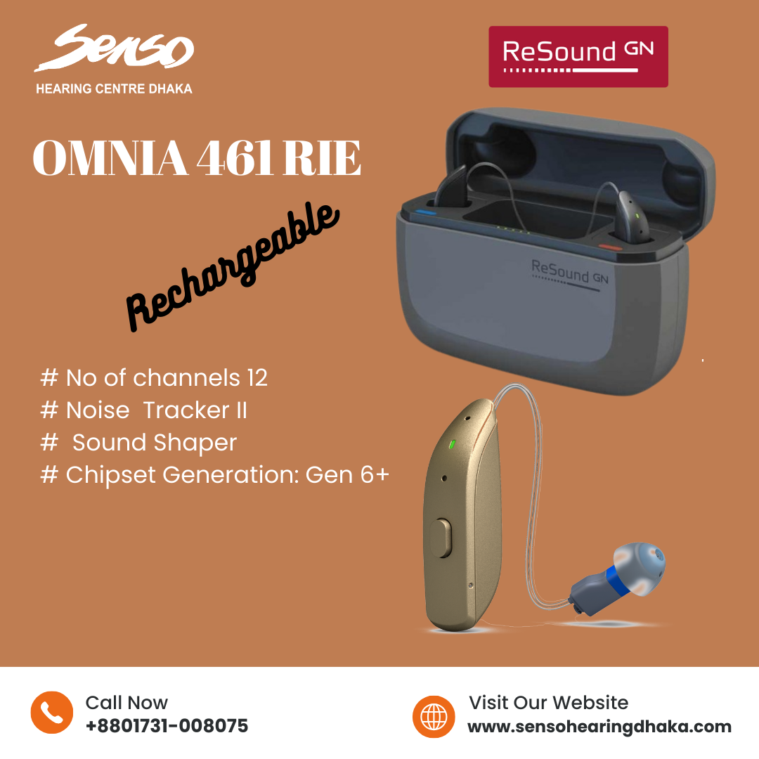The ReSound Omnia 461 RIE (Receiver-in-Ear) hearing aid is an entry-level model in the Omnia series. It offers essential features for improving speech clarity and enhancing overall listening experiences, while maintaining the high-quality standards ReSound is known for. Here’s a breakdown of the key features and details of the Omnia 461 RIE:
Key Features:
1.	Sound Performance:
o	Directional Sound Processing: The Omnia 461 RIE uses basic directionality to help users focus on sounds in front of them, making it easier to follow conversations in quieter or moderately noisy environments.
o	Environmental Adaptation: This feature adjusts the hearing aid settings automatically based on the user’s surroundings, improving comfort and sound clarity in different environments.
o	Speech Clarity: While more advanced models in the Omnia line have additional enhancements, the Omnia 461 still provides solid speech understanding in most daily situations.
2.	Bluetooth Connectivity:
o	Direct Audio Streaming: The Omnia 461 is compatible with Bluetooth-enabled devices like smartphones and tablets, allowing users to stream phone calls, music, and other audio directly to their hearing aids.
o	ReSound Smart 3D App: Users can adjust settings, change programs, and even find their hearing aids using the ReSound Smart 3D app, adding convenience and customization to their experience.
3.	Battery Size: Battery size 312
4.	Design and Comfort:
o	Receiver-in-Ear Style: The RIE design ensures a comfortable, discreet fit. The receiver sits in the ear canal, providing a more natural sound.
o	Custom Fit Options: Various domes and receivers are available, allowing for personalization and comfort based on the user’s ear shape and hearing needs.
5.	Durability and Protection:
o	Water and Dust Resistant: With an IP68 rating, the Omnia 461 RIE is protected against water and dust, making it durable for everyday wear in different environments.
6.	Tinnitus Management:
o	Tinnitus Sound Therapy: The Omnia 461 RIE includes features to help manage tinnitus symptoms by offering customizable soothing sounds to relieve ringing or buzzing in the ears.